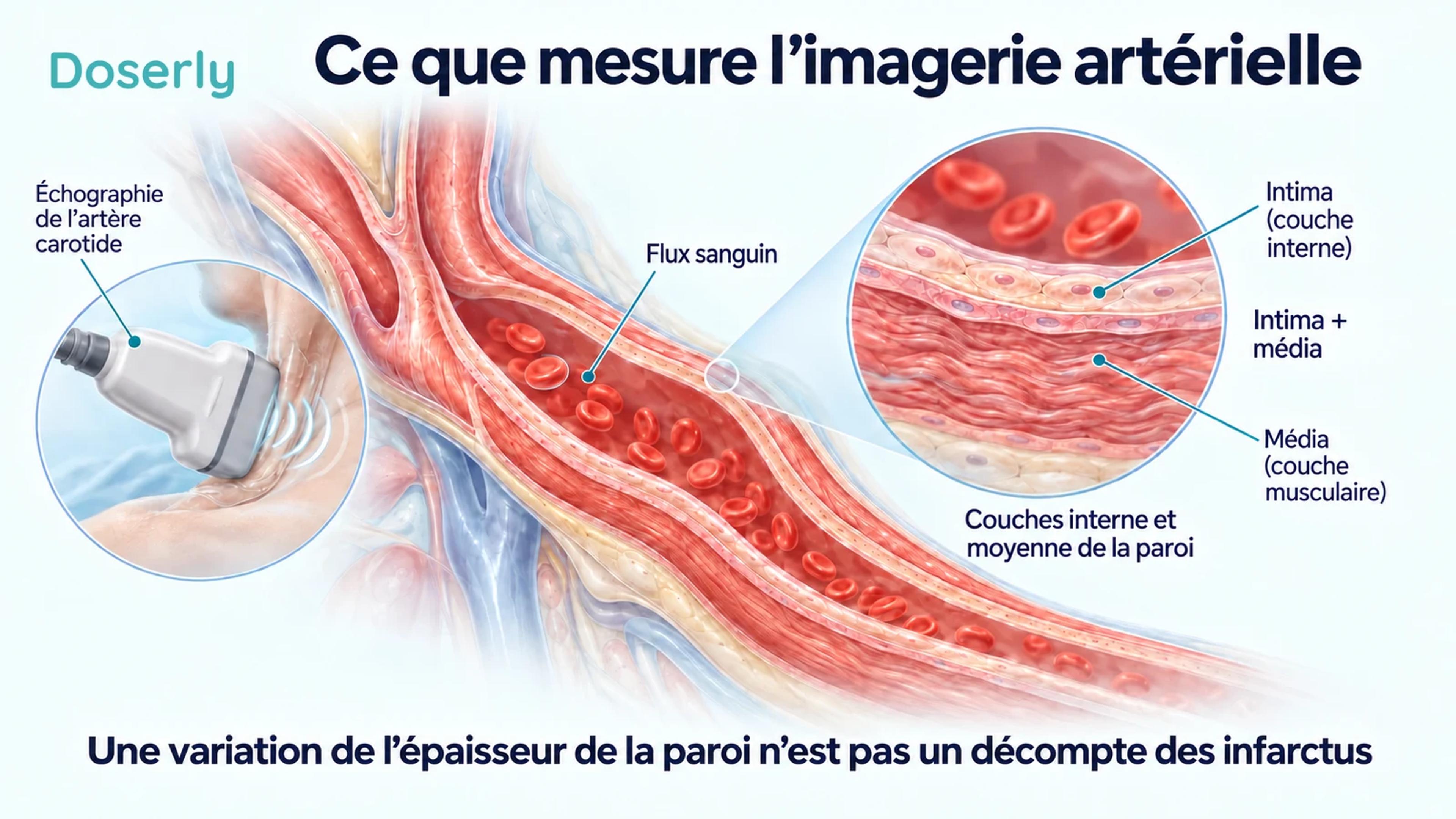 Illustration détaillée de la paroi de l’artère carotide montrant l’intima et la média, à côté d’une représentation conceptuelle d’un examen échographique.