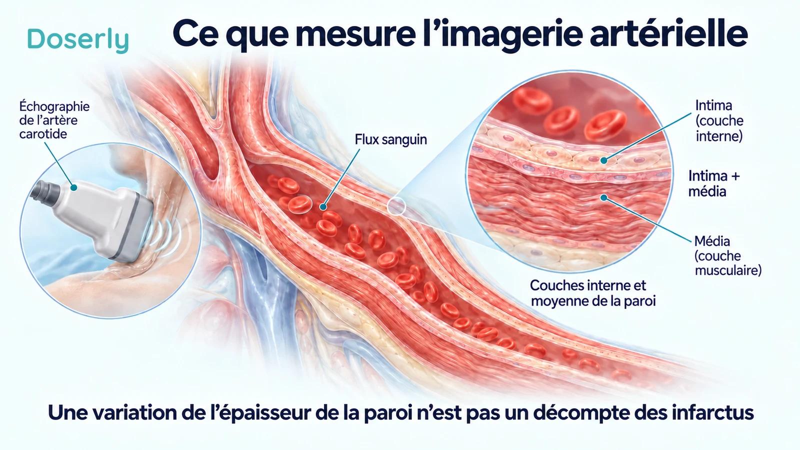 Illustration détaillée de la paroi de l’artère carotide montrant l’intima et la média, à côté d’une représentation conceptuelle d’un examen échographique.