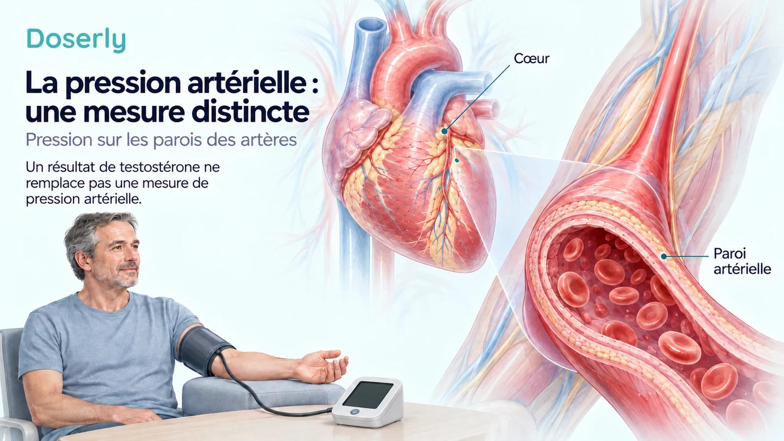 Un cœur et une paroi artérielle agrandie à côté d’un adulte dont on mesure la pression artérielle au bras.