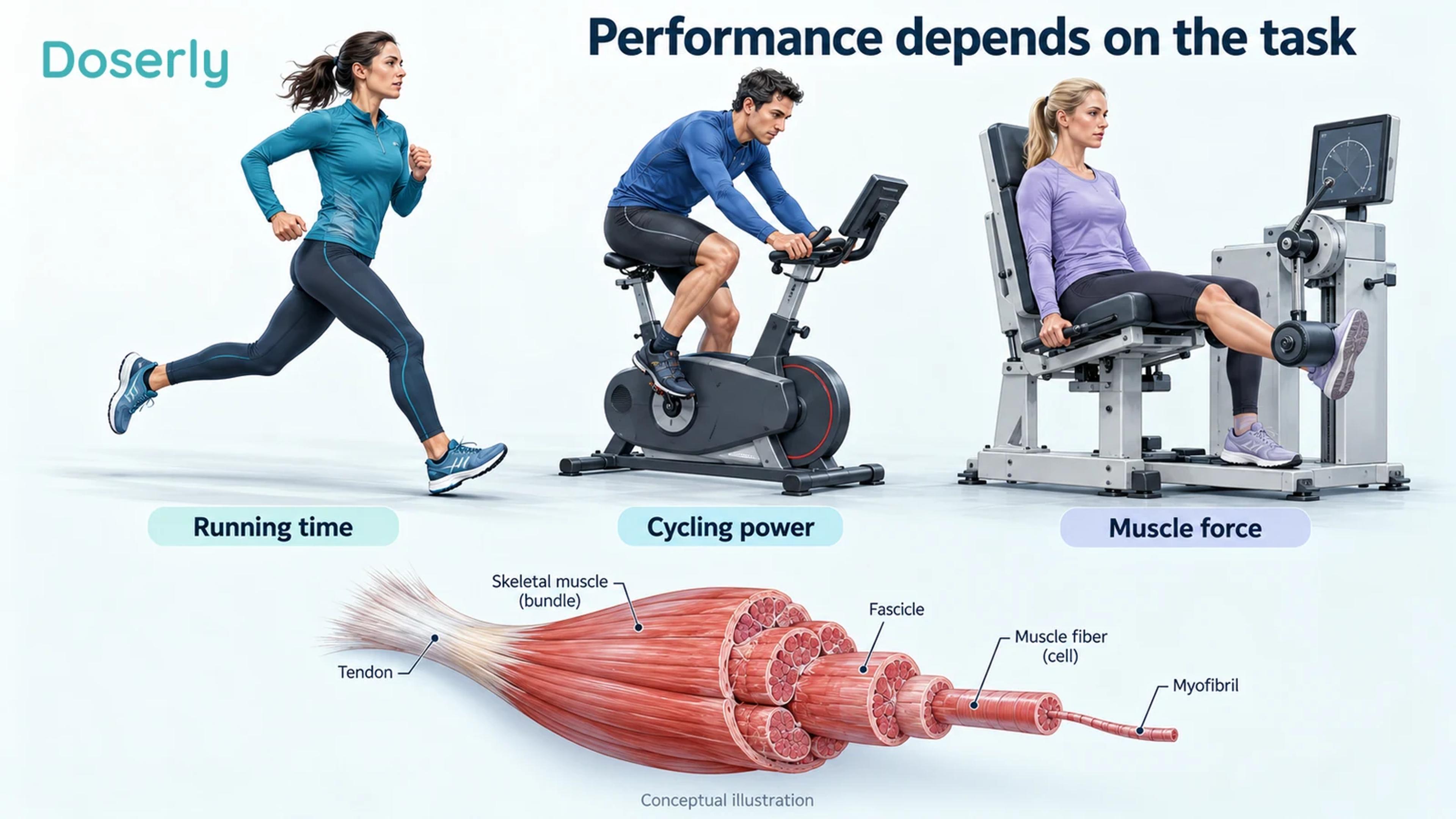 Conceptual athlete illustrations showing running, cycling and controlled strength testing, with detailed leg muscle anatomy.