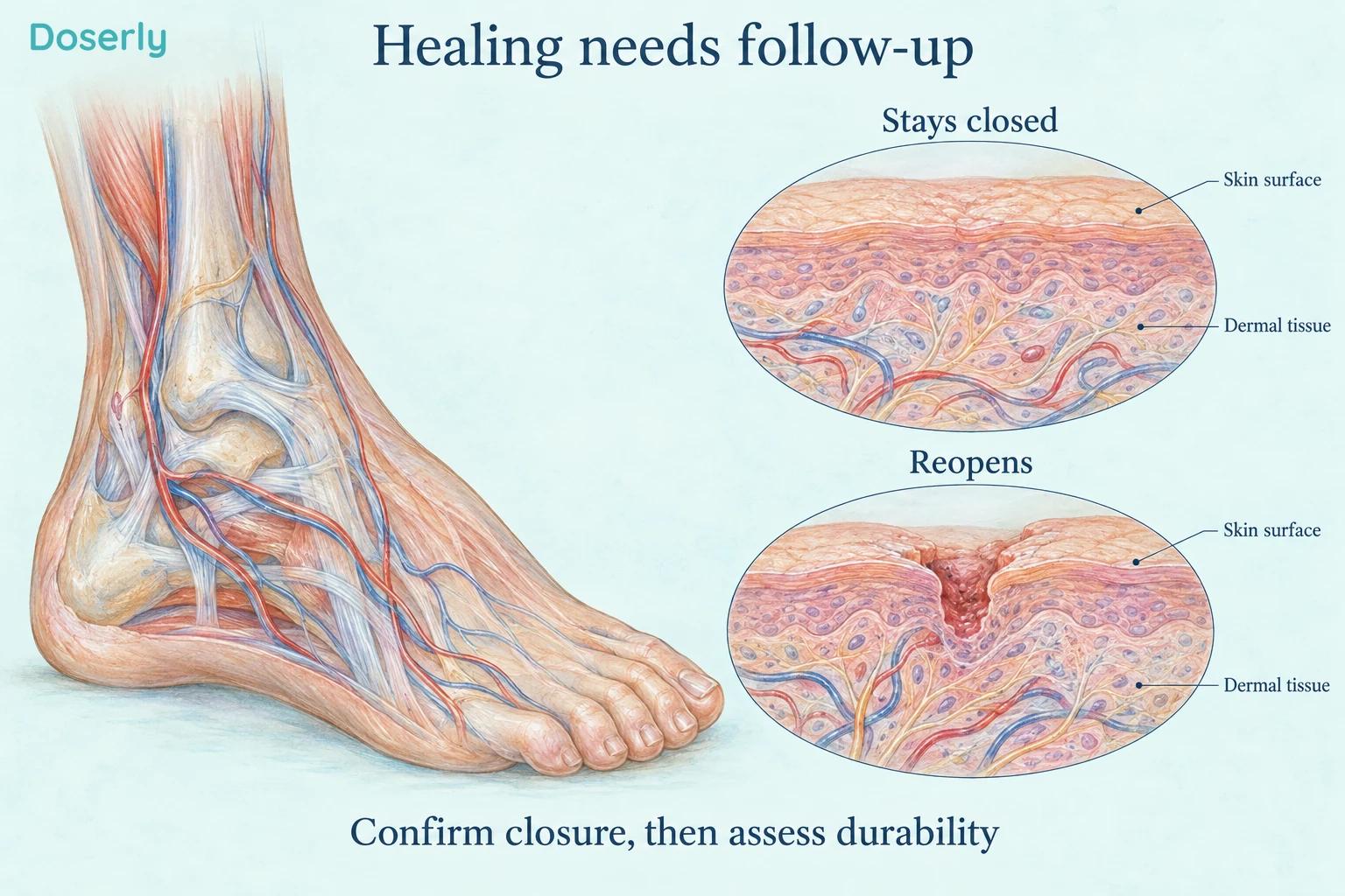 An anatomical ankle illustration accompanies skin magnifications showing sustained closure and a recurrent opening.