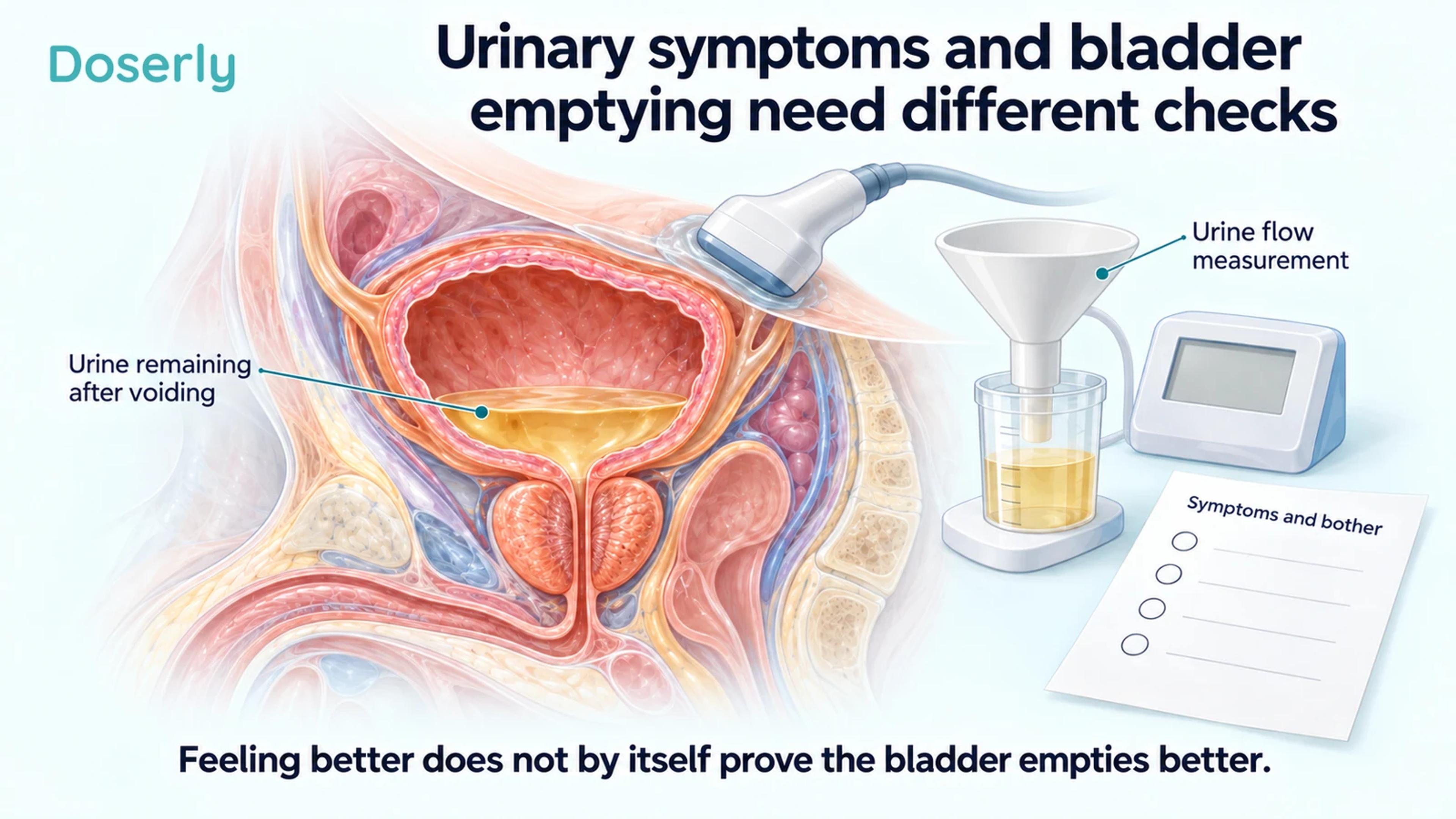 A bladder cutaway with an ultrasound probe accompanies urine-flow collection equipment and an unscored symptom sheet.