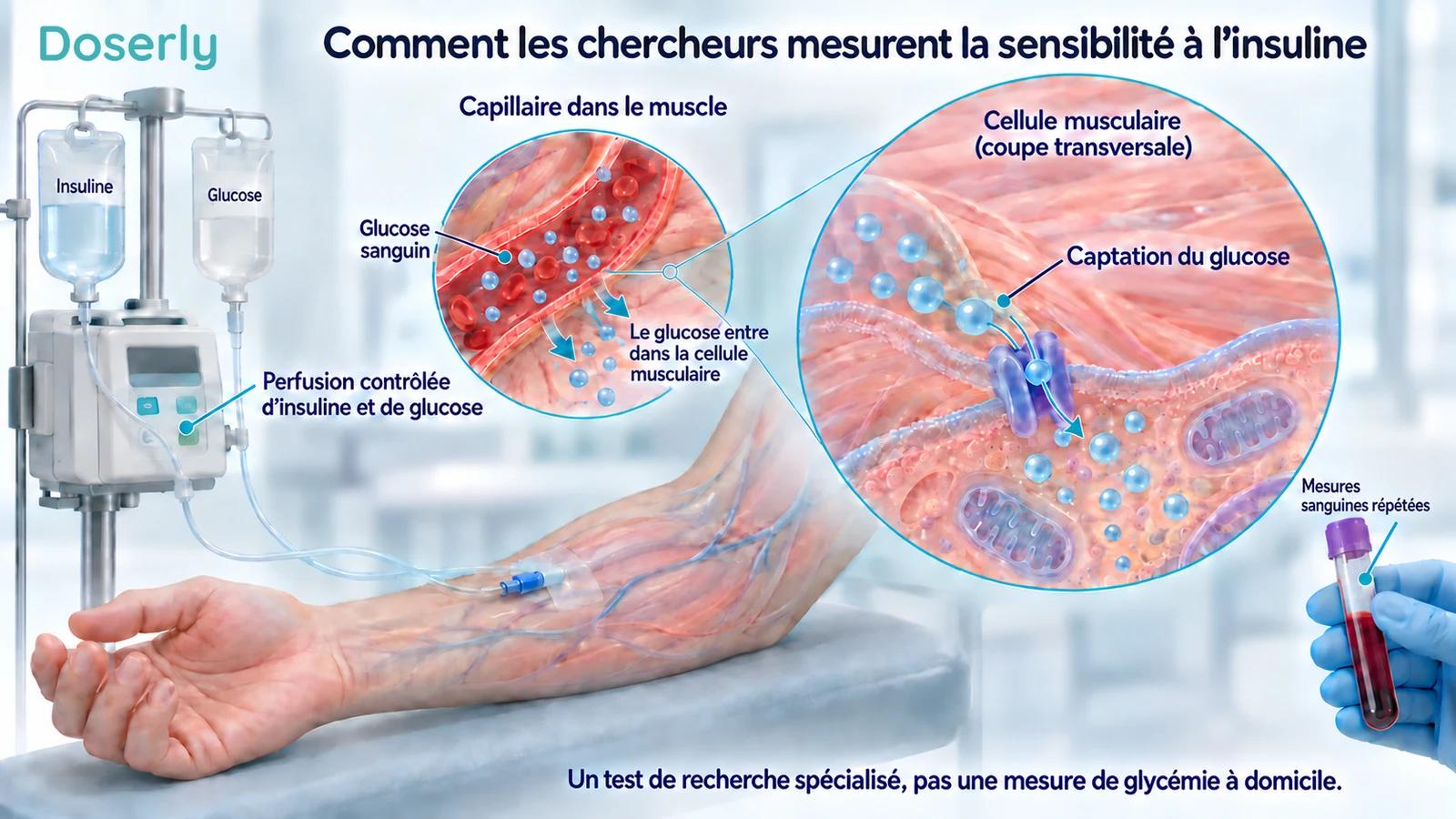 Perfusion contrôlée d’insuline et de glucose, vaisseau sanguin de l’avant-bras et captation musculaire du glucose illustrant un clamp de recherche.