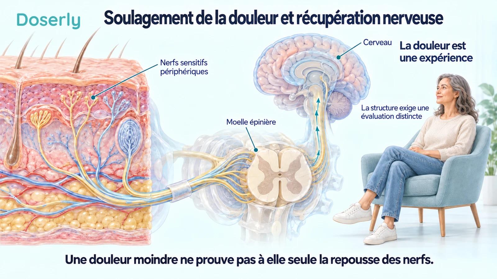 Nerfs sensitifs de la peau, moelle épinière et cerveau illustrés à côté d’un adulte assis.