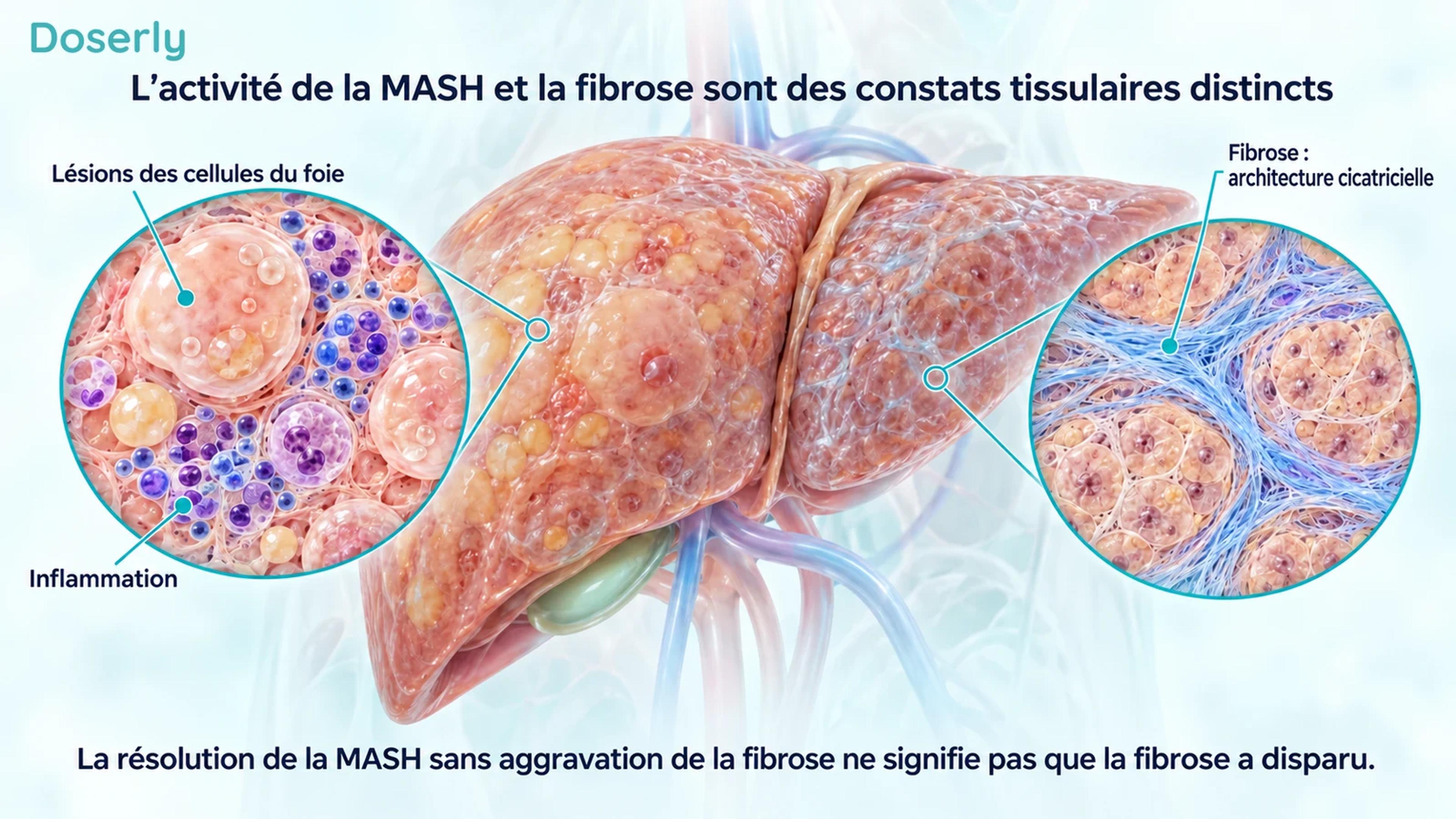 Des encadrés de tissu hépatique distinguent les cellules du foie lésées et enflammées de l’architecture cicatricielle fibreuse.