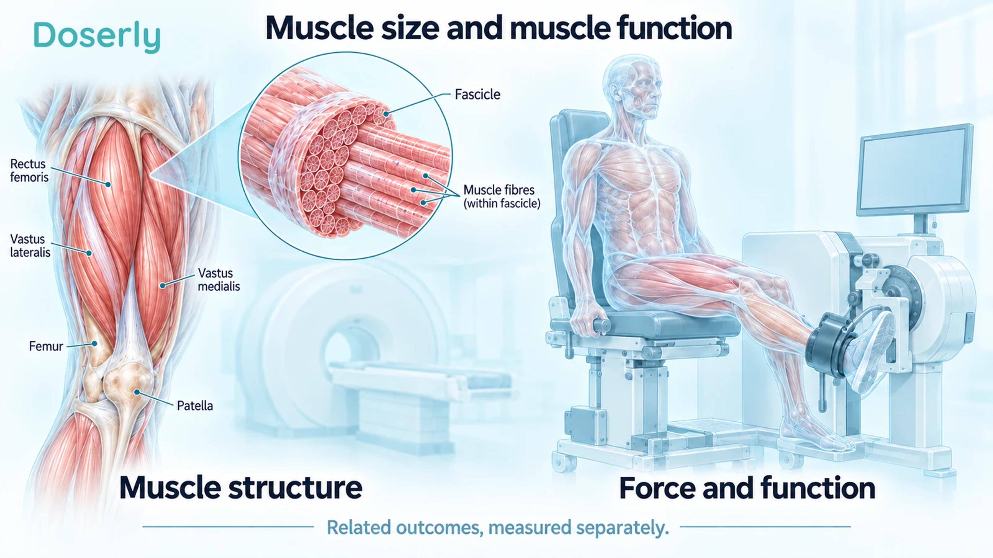 Detailed thigh-muscle anatomy beside a translucent anatomical figure at a conceptual knee-extension assessment device.