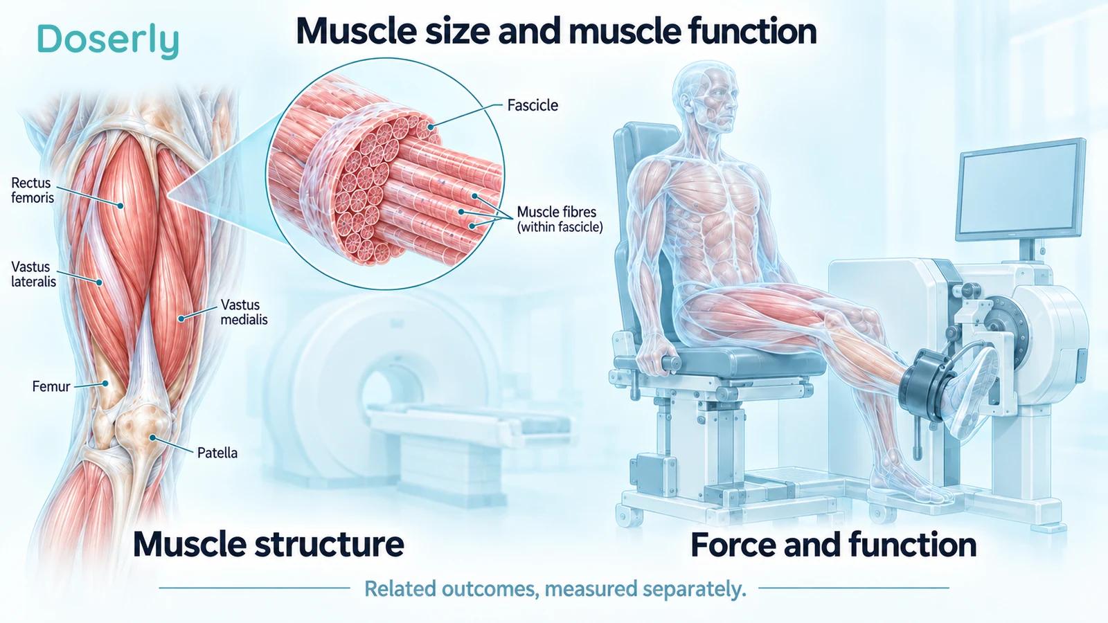 Detailed thigh-muscle anatomy beside a translucent anatomical figure at a conceptual knee-extension assessment device.