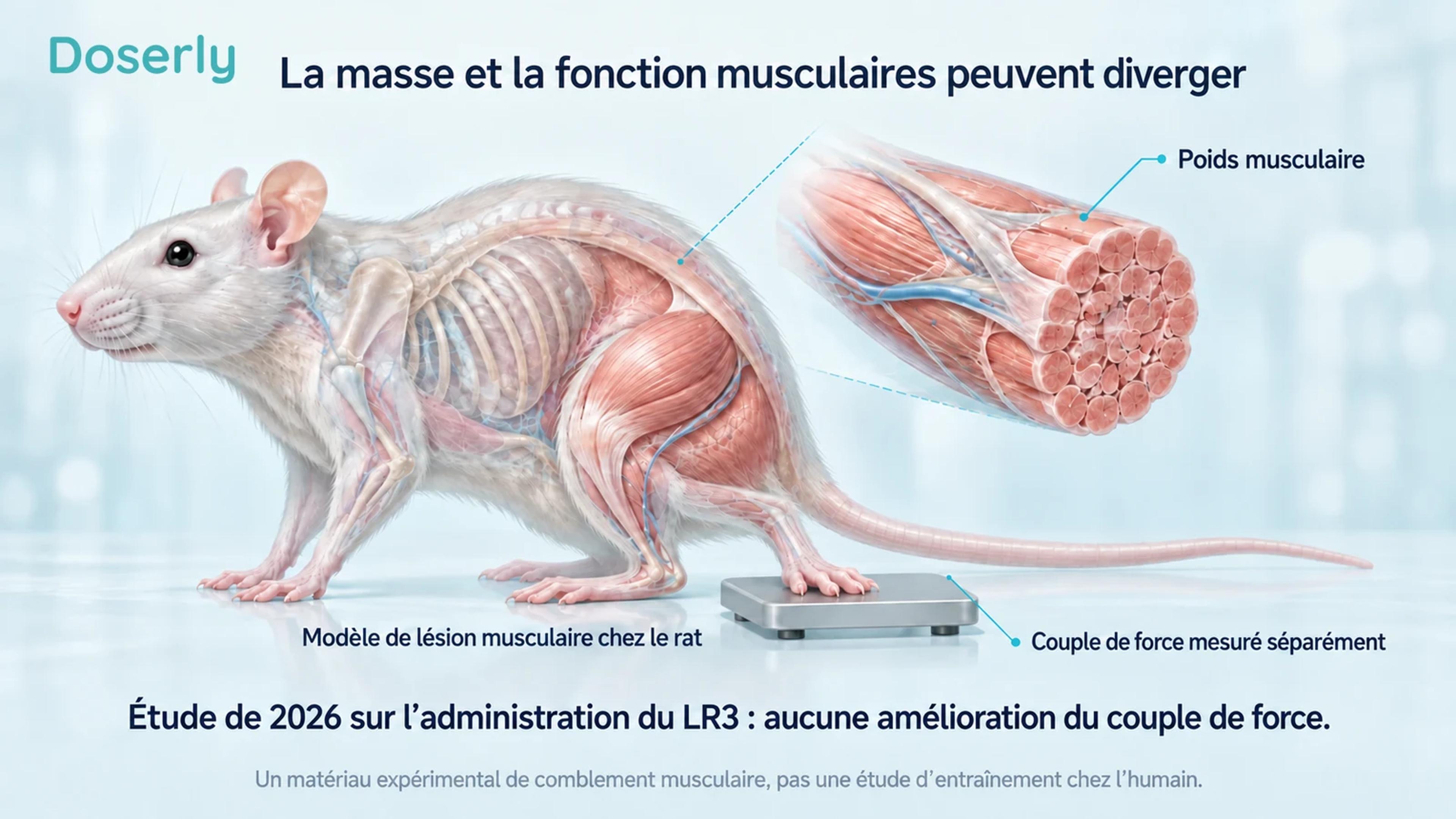 Illustration d’un rat de recherche avec un encadré montrant le muscle squelettique et une plateforme d’appui du pied conceptuelle pour des tests fonctionnels distincts