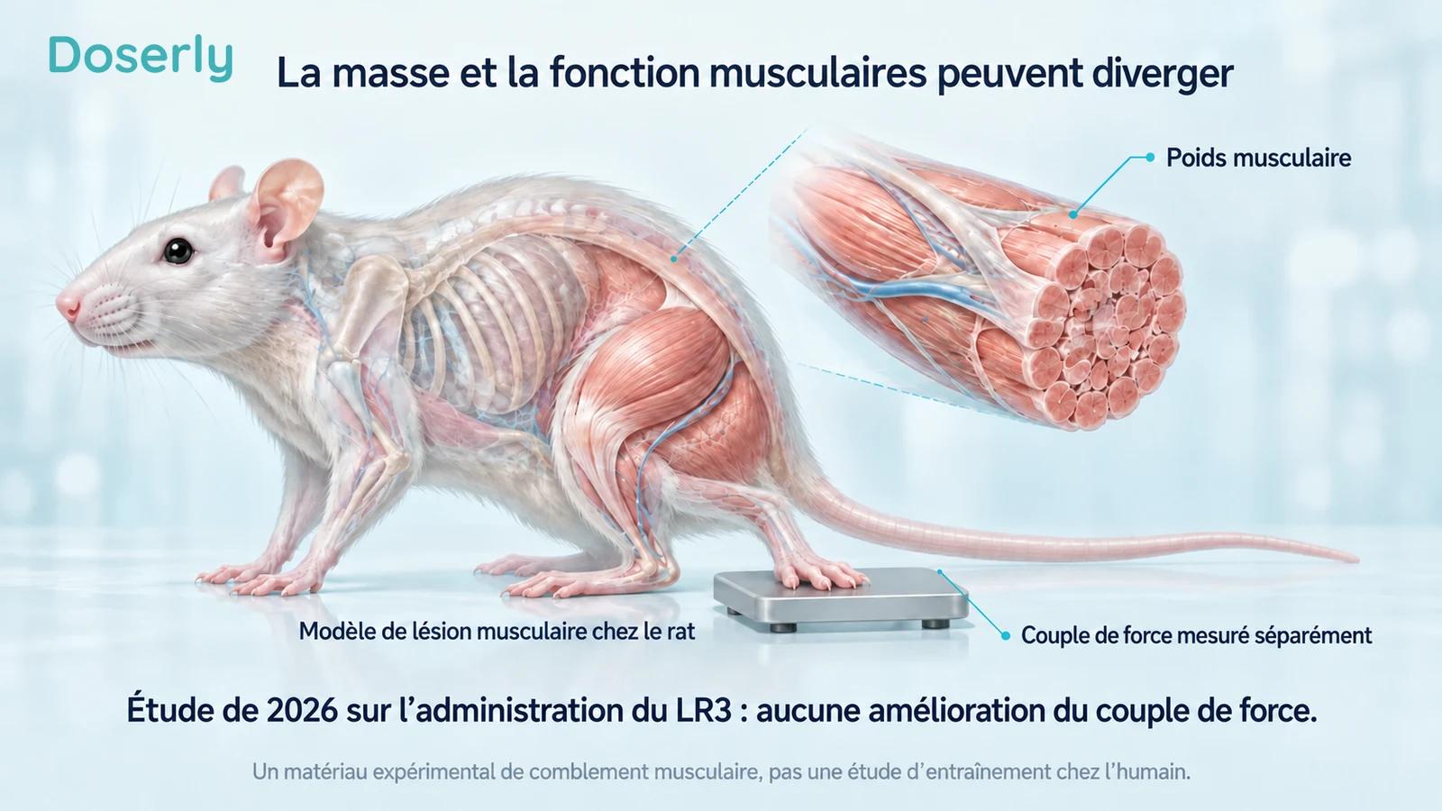 Illustration d’un rat de recherche avec un encadré montrant le muscle squelettique et une plateforme d’appui du pied conceptuelle pour des tests fonctionnels distincts