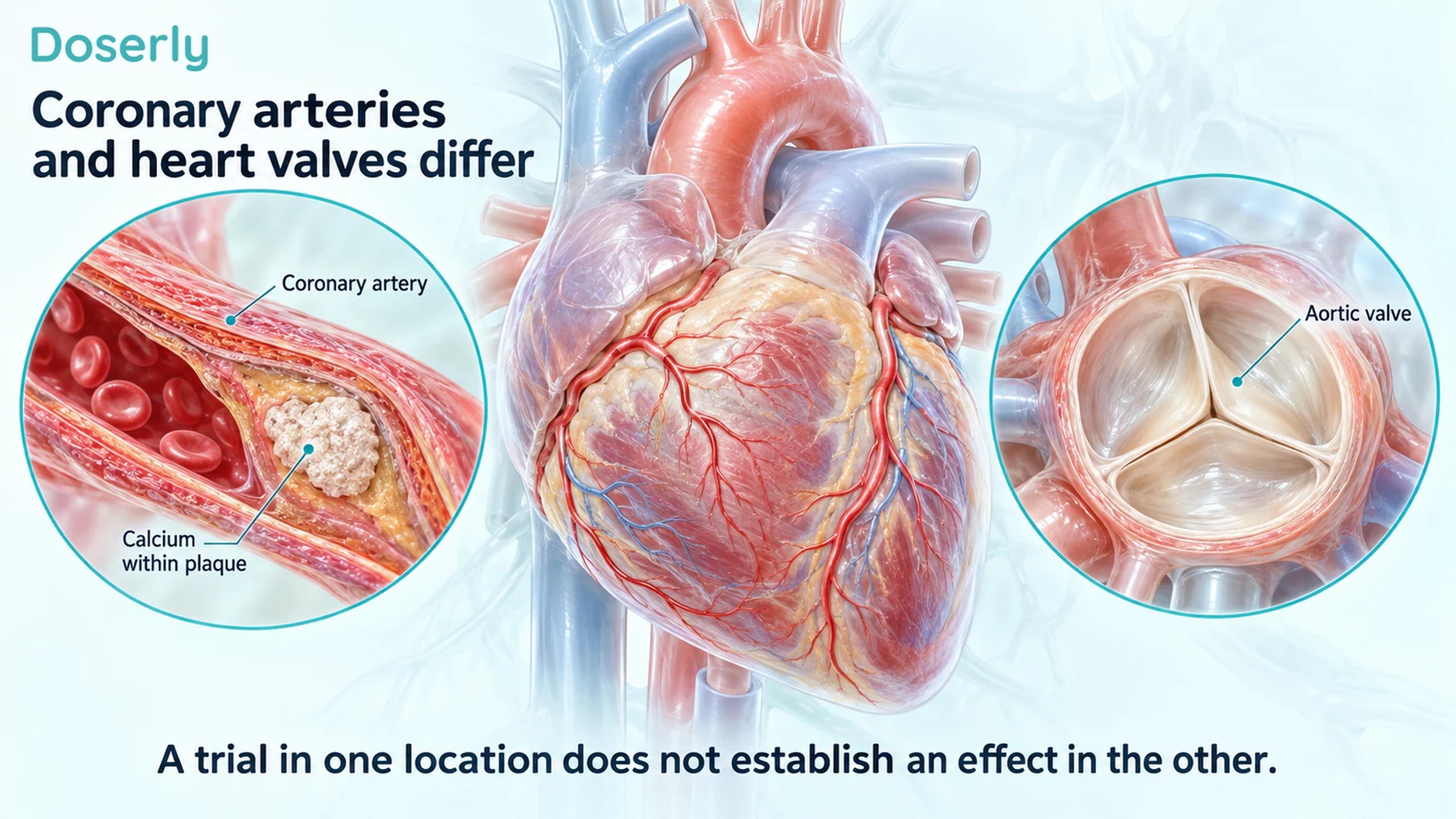 Anatomical heart with separate magnified coronary-artery plaque and aortic-valve leaflets.