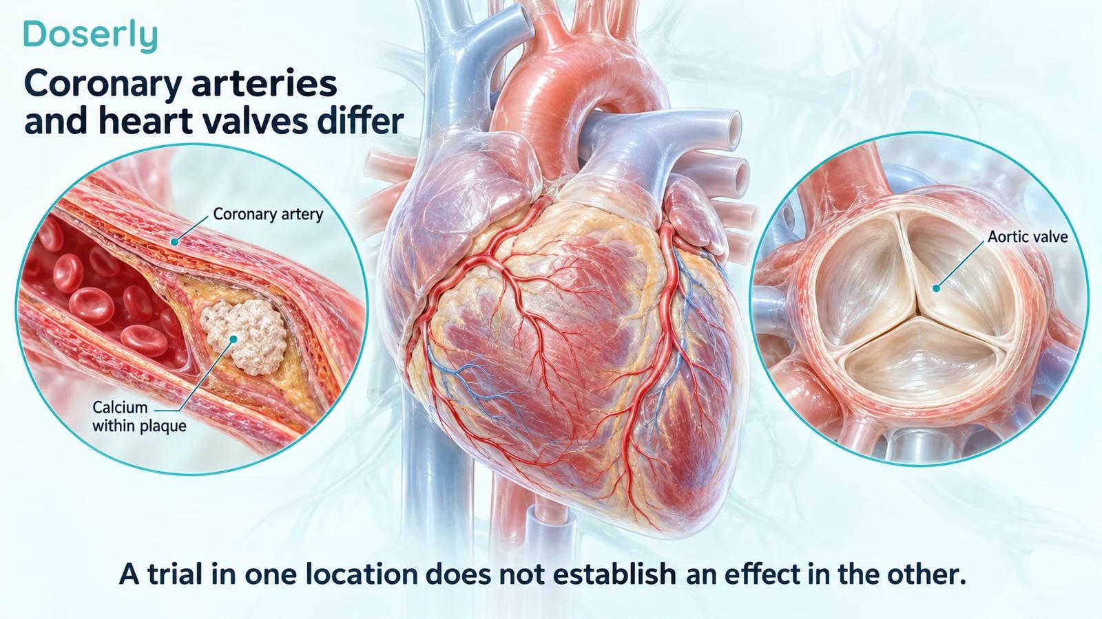 Anatomical heart with separate magnified coronary-artery plaque and aortic-valve leaflets.