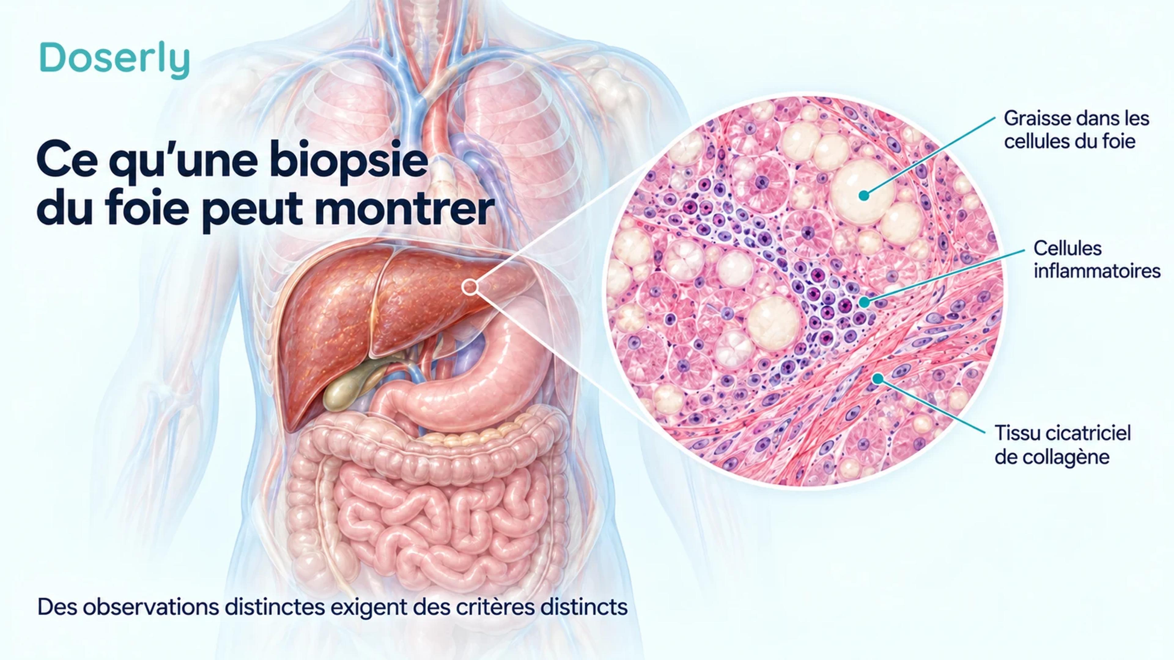 Anatomie détaillée du foie avec une illustration agrandie des tissus identifiant les cellules hépatiques remplies de graisse, les cellules inflammatoires et le tissu cicatriciel de collagène.