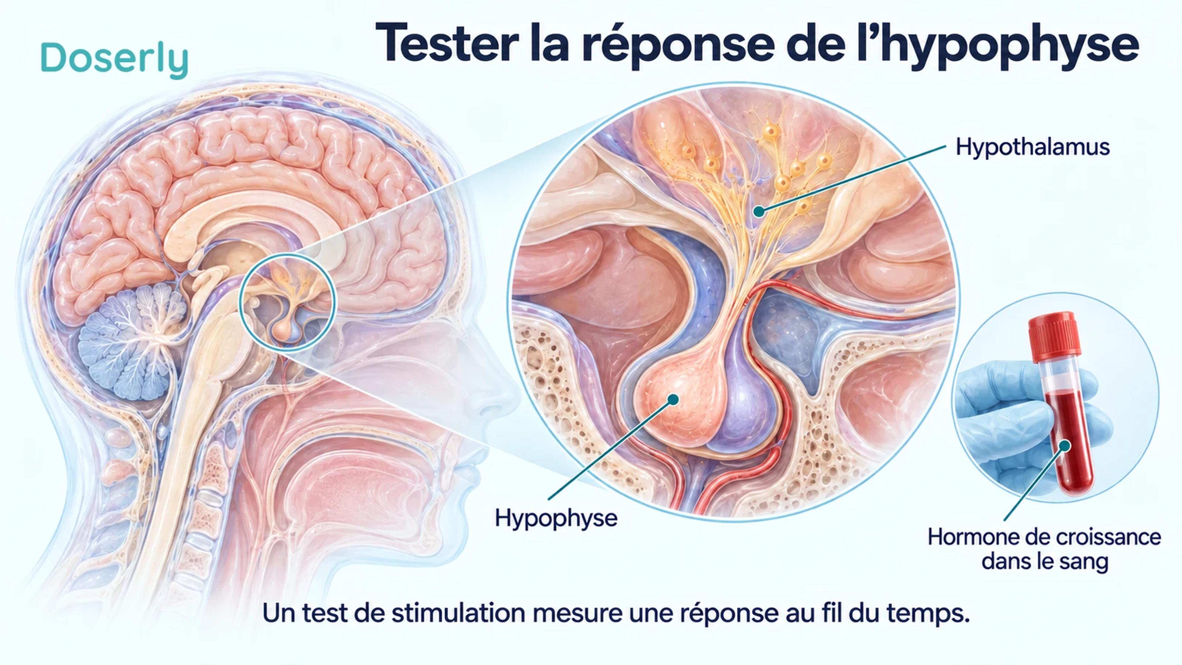 Illustration anatomique du cerveau et de l’hypophyse à côté d’un tube symbolisant un prélèvement sanguin.