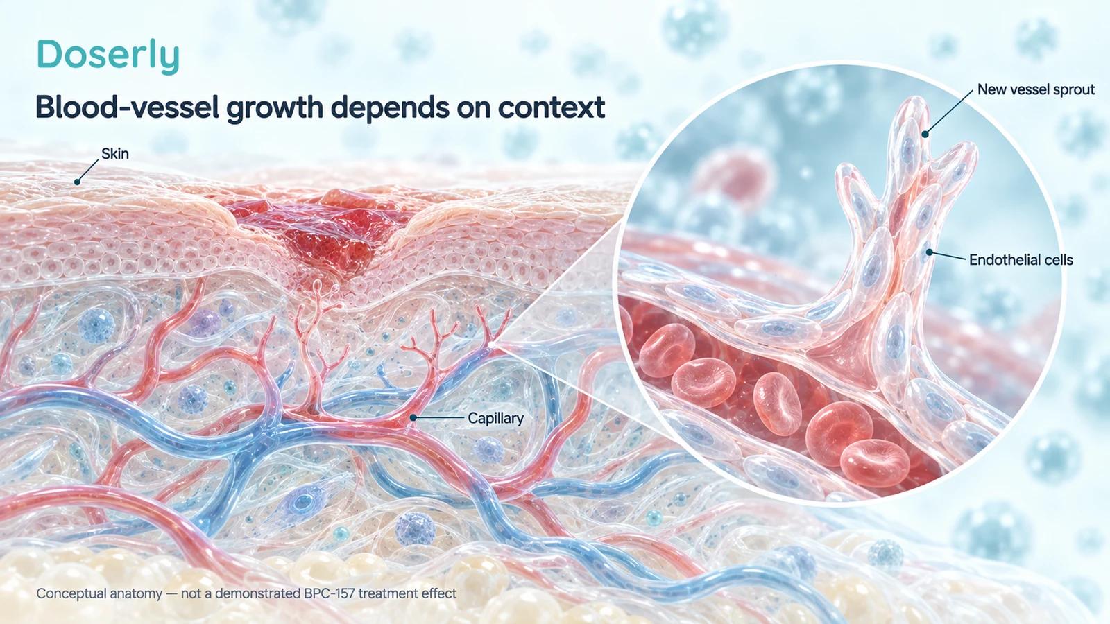 Detailed skin cutaway with a small wound, underlying capillaries and a magnified sprout formed by endothelial cells.