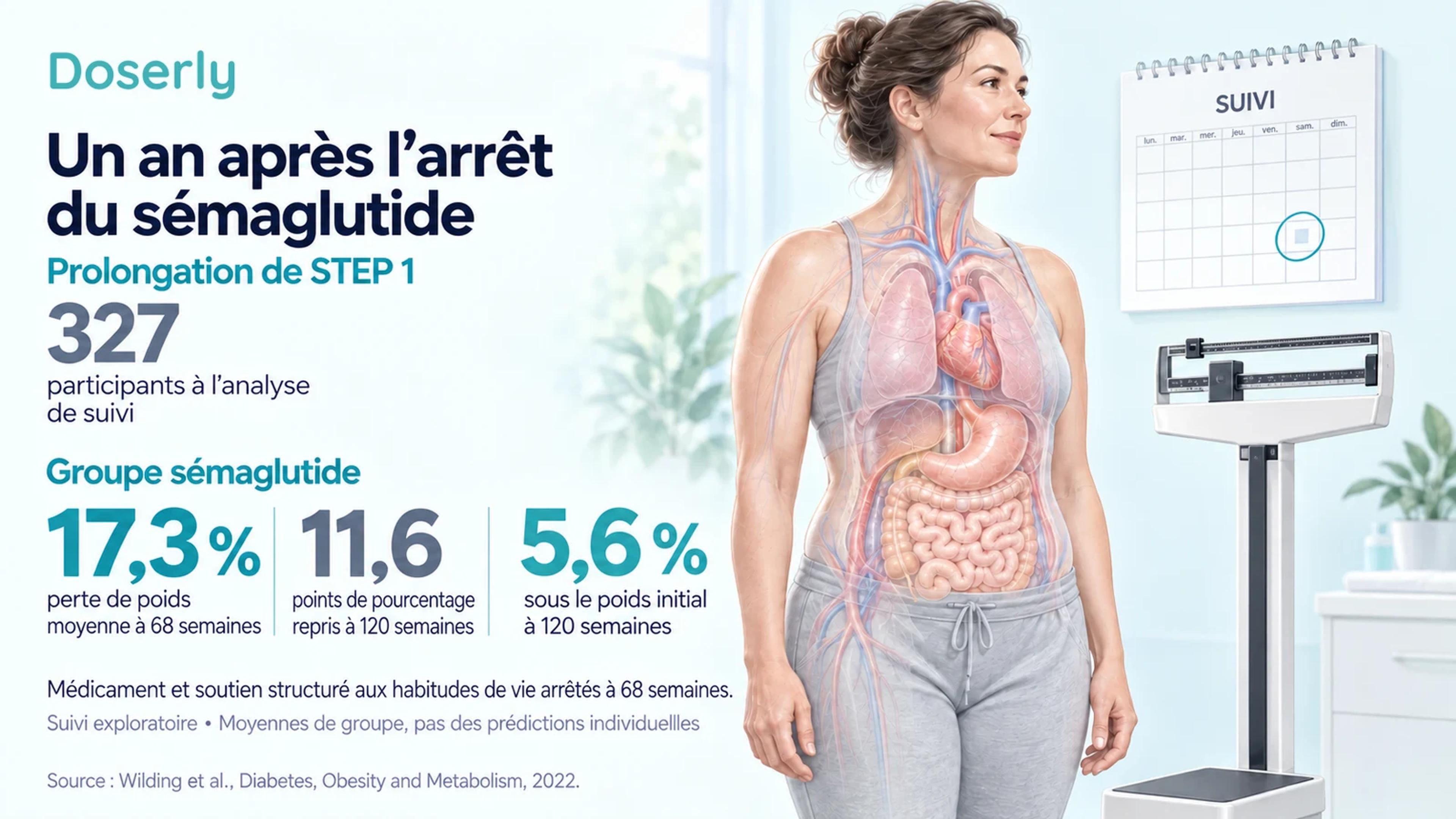 Résultats de la prolongation de STEP 1 montrant une perte de poids initiale de 17,3 %, une reprise de 11,6 points de pourcentage et une perte nette de 5,6 %, à côté d’une balance et d’un calendrier de suivi.
