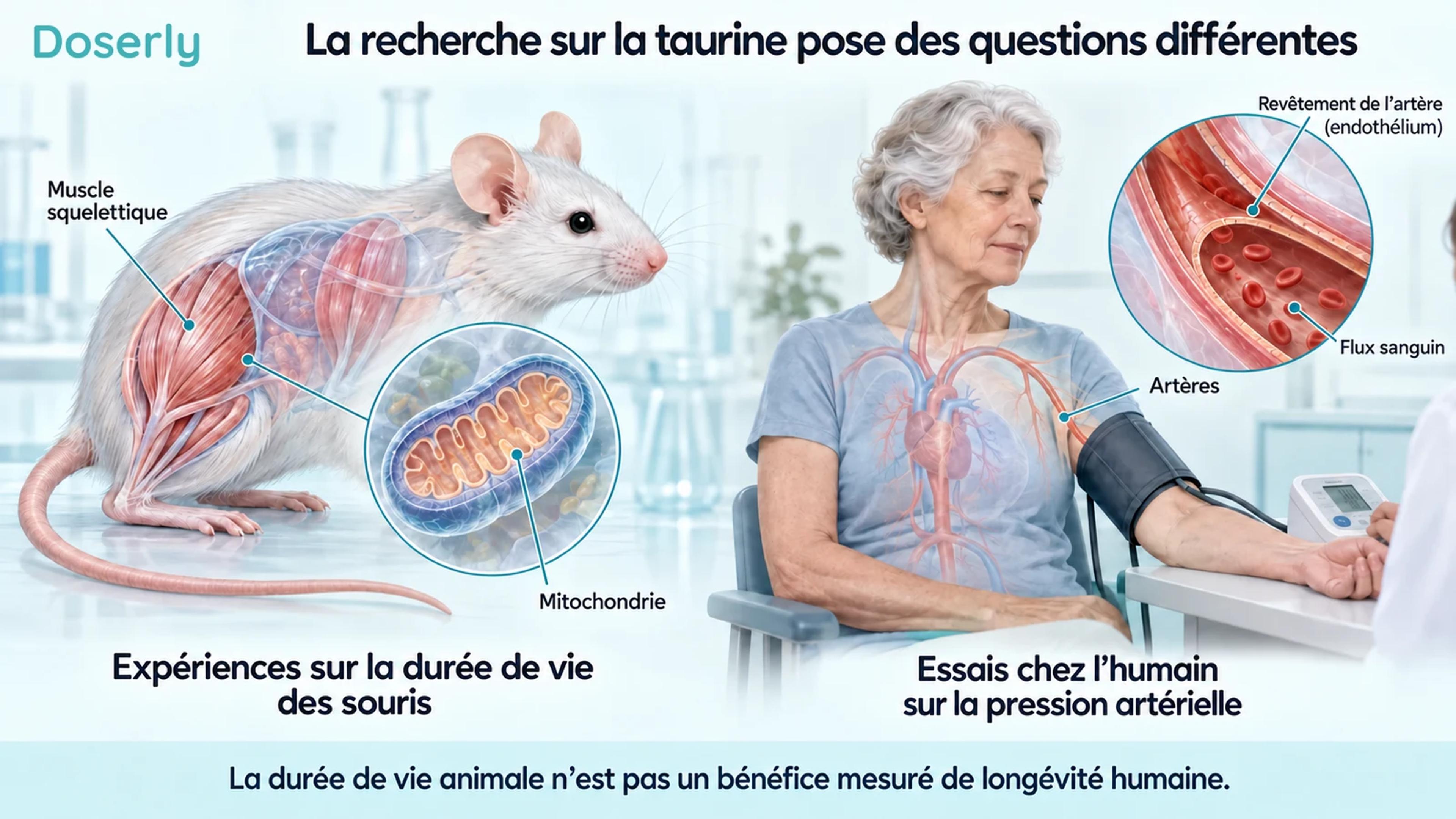 Anatomie musculaire d’une souris à côté d’un adulte dont on mesure la pression artérielle, distinguant la recherche sur la durée de vie animale de celle sur la pression artérielle chez l’humain.