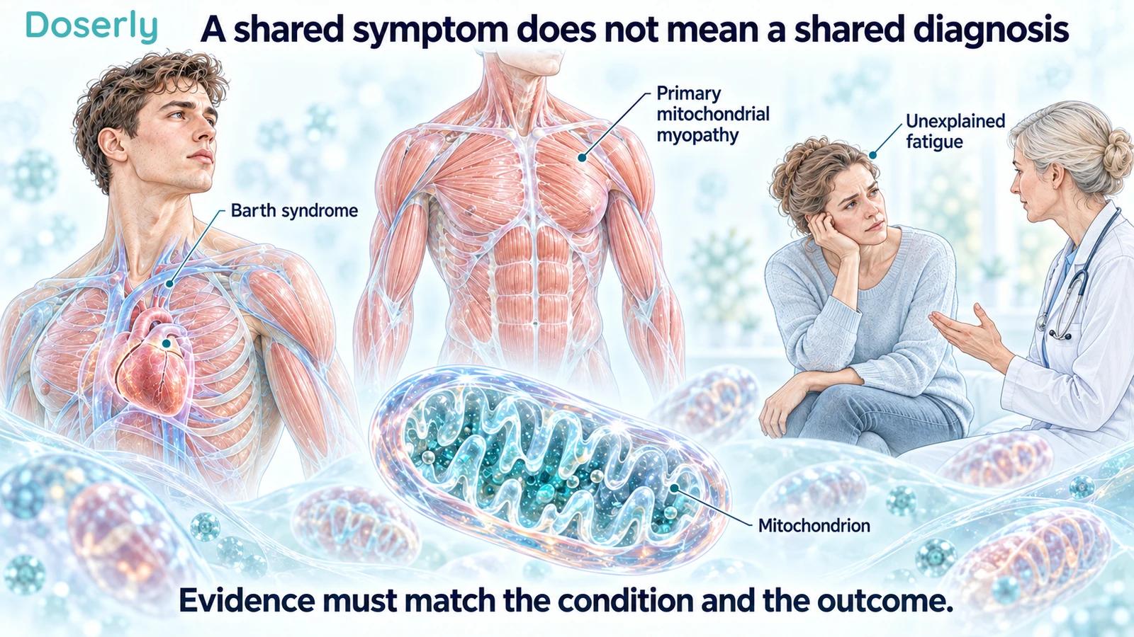 Distinct clinical contexts illustrated as Barth syndrome, primary mitochondrial myopathy and unexplained fatigue.