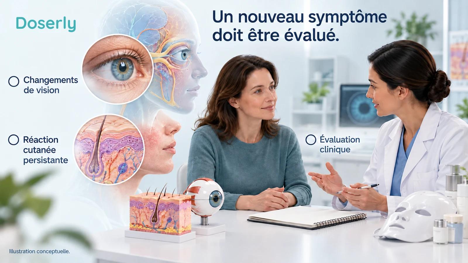 Un adulte et un clinicien discutent de nouveaux symptômes à côté de modèles anatomiques de l’œil et de la peau, avec un appareil lumineux mis de côté.