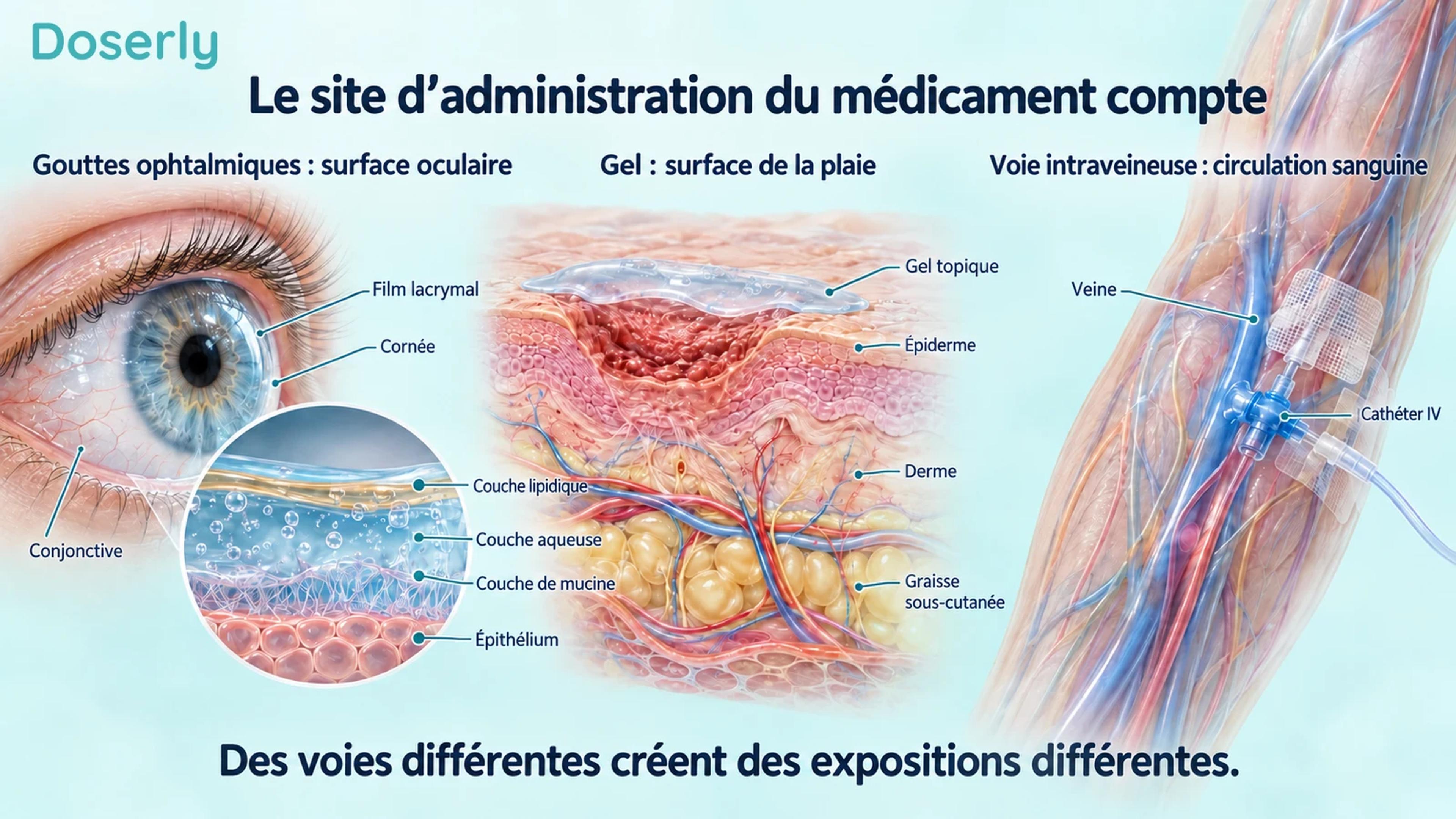 Une surface oculaire, une plaie cutanée et une veine de l’avant-bras illustrées permettent de comparer les gouttes ophtalmiques locales, le gel topique et l’administration intraveineuse.