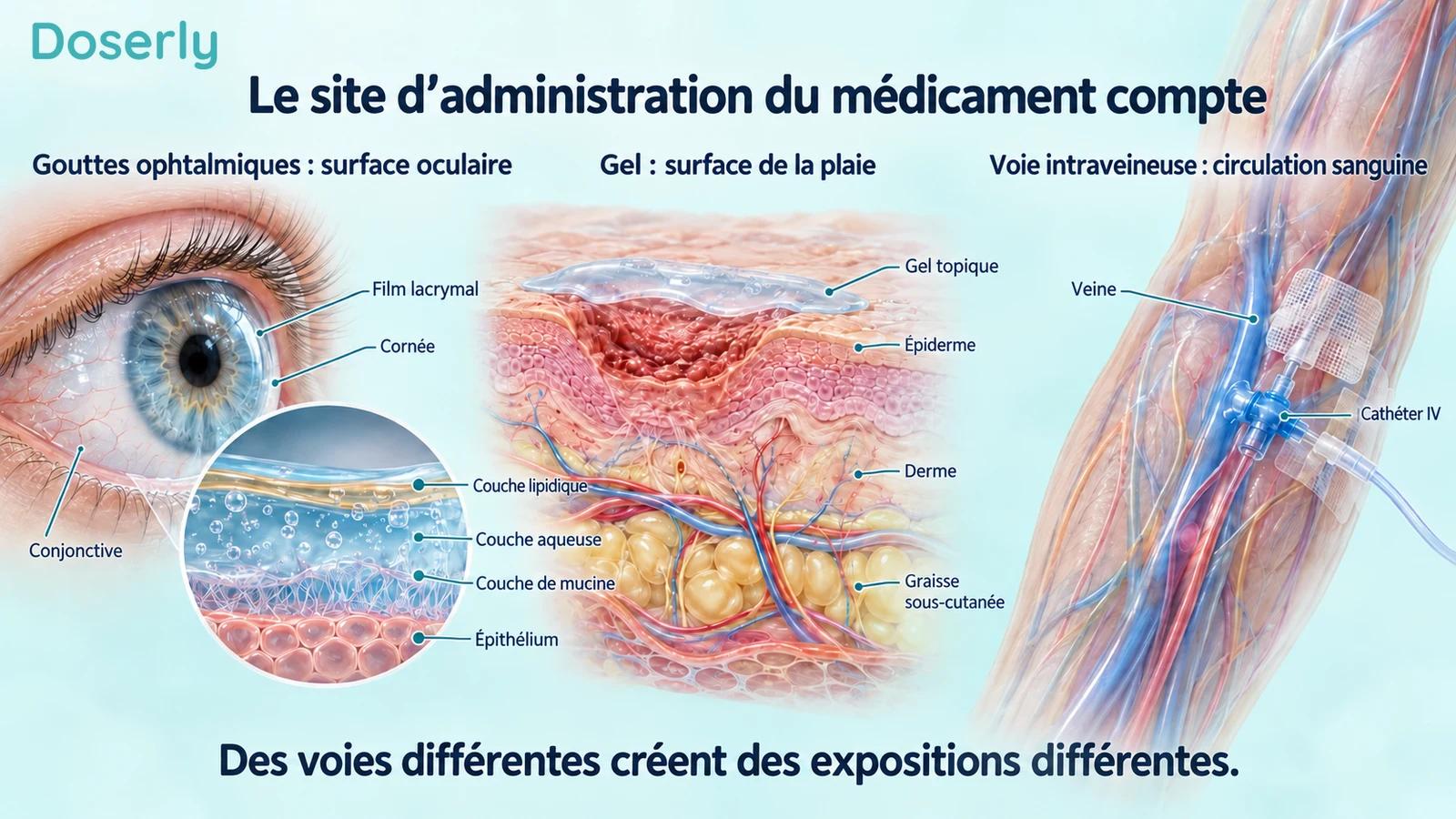 Une surface oculaire, une plaie cutanée et une veine de l’avant-bras illustrées permettent de comparer les gouttes ophtalmiques locales, le gel topique et l’administration intraveineuse.