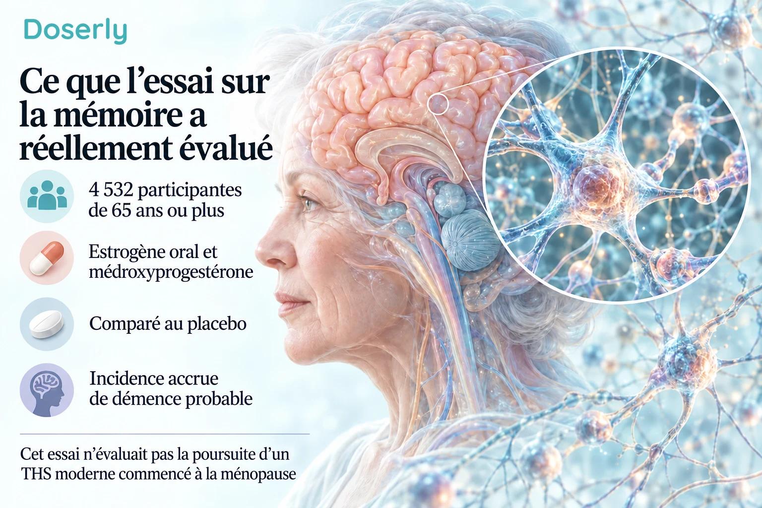 Des illustrations du cerveau et des neurones accompagnent la population, le traitement et le résultat de l’essai WHIMS sur la mémoire.