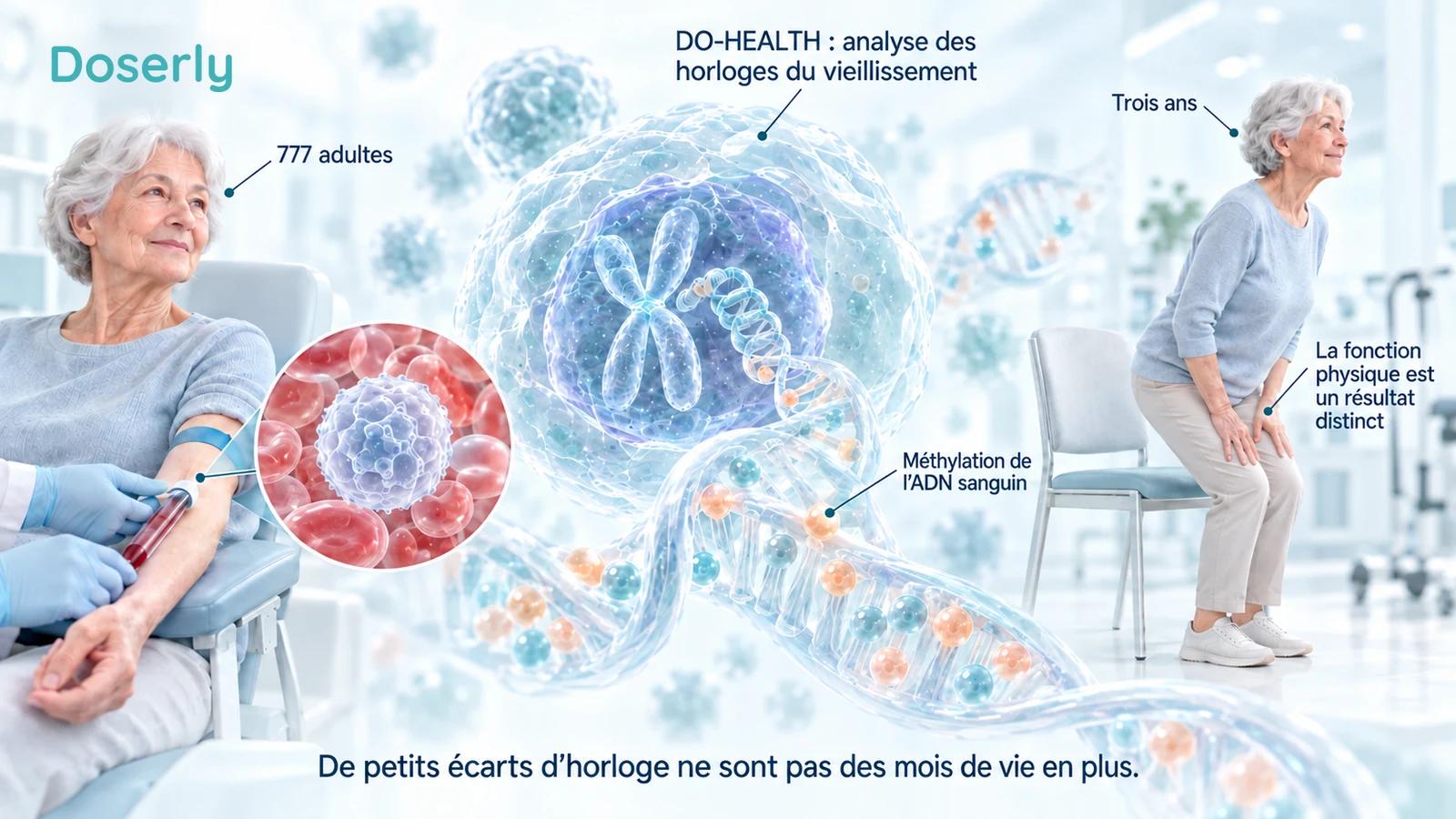 Un prélèvement sanguin, une vue agrandie de l’ADN cellulaire et un test de lever de chaise illustrent des mesures différentes chez les personnes âgées.