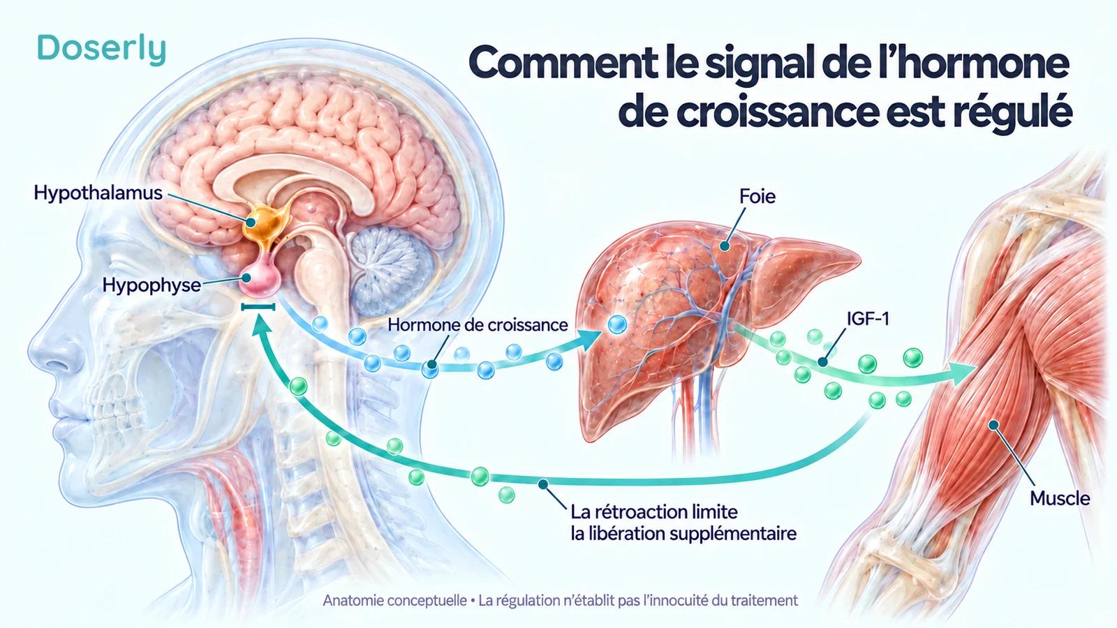 Illustration détaillée de l’hypothalamus, de l’hypophyse, du foie et du muscle montrant la signalisation de l’hormone de croissance et la rétroaction inhibitrice.