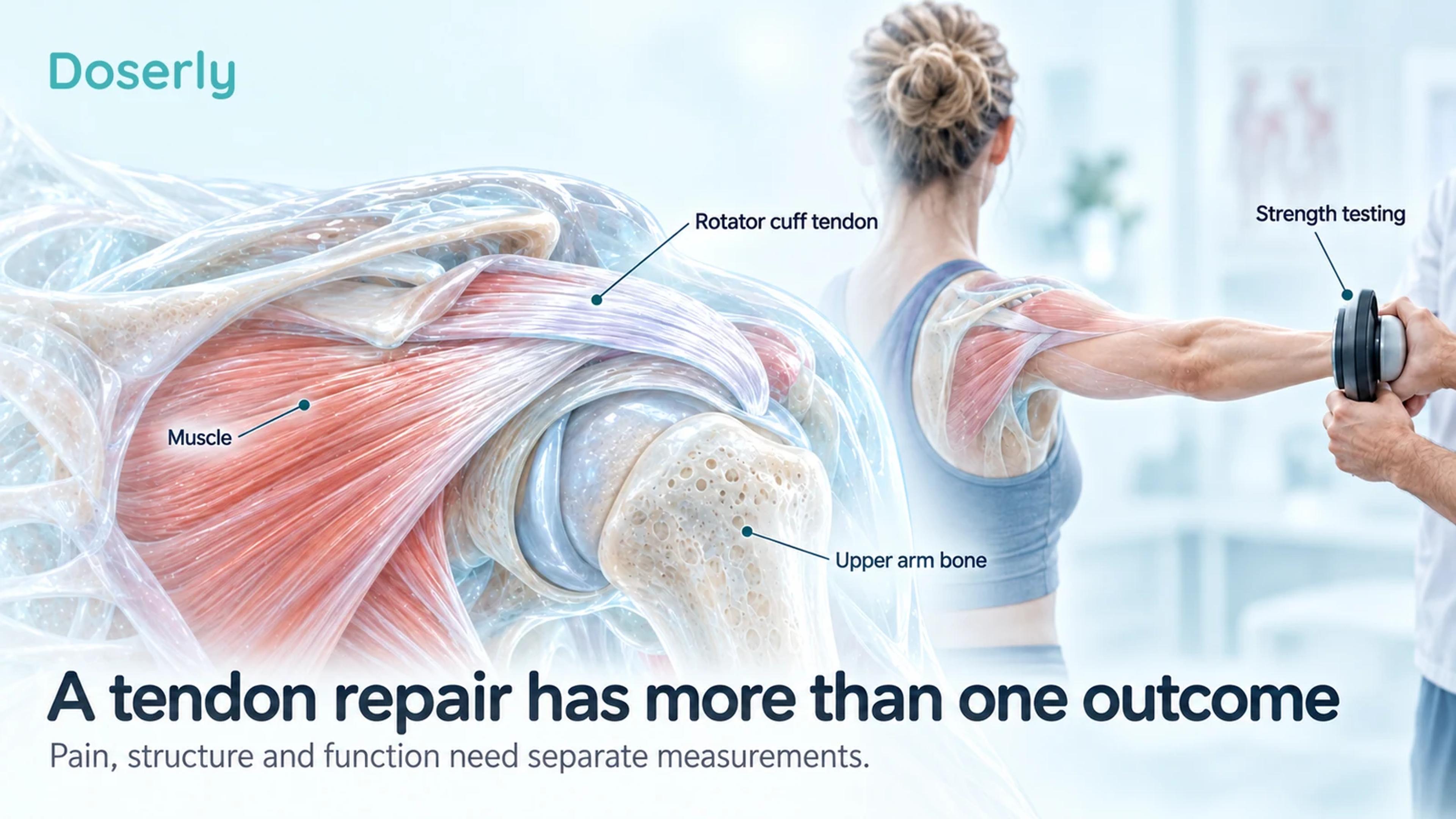 Shoulder cutaway identifying a rotator cuff tendon and upper arm bone beside a conceptual strength assessment.