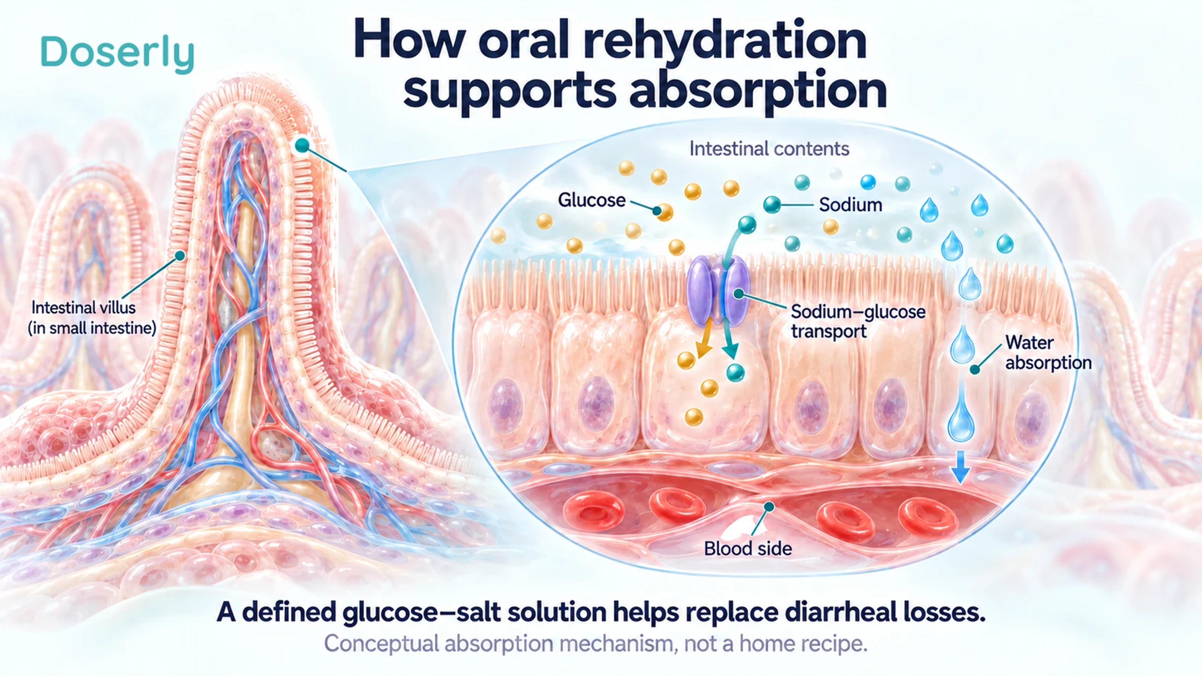 An intestinal villus and enlarged lining cells showing sodium–glucose transport and water absorption toward the blood side.
