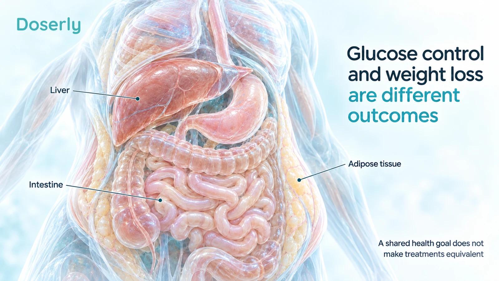 A detailed translucent torso identifies liver, intestine, and adipose tissue beside the statement that glucose control and weight loss are different outcomes.