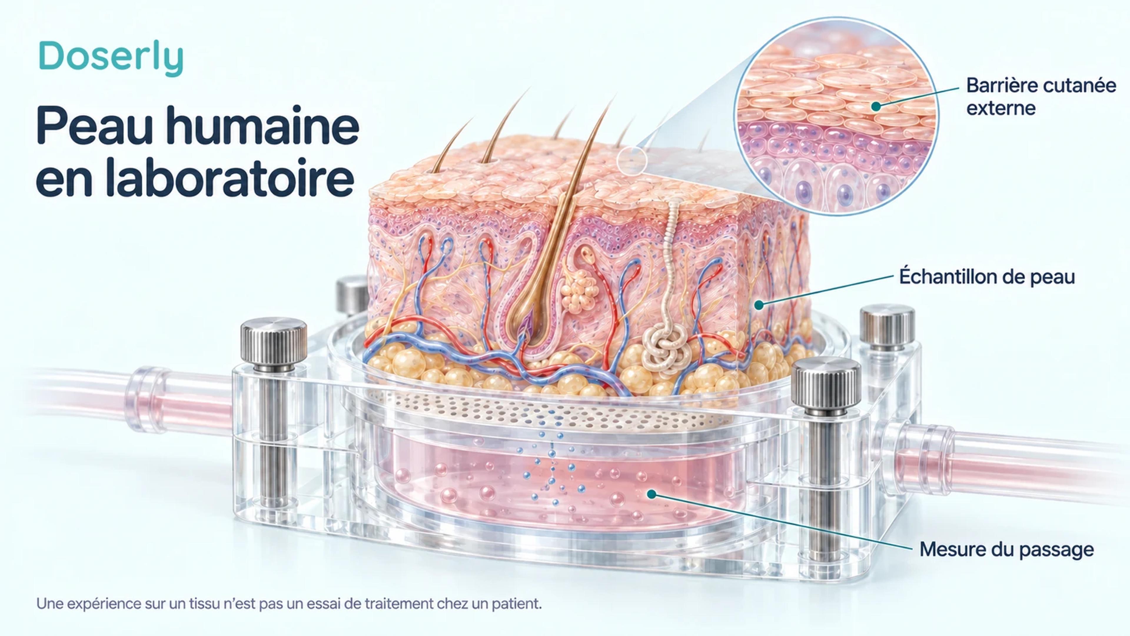 Échantillon détaillé de peau humaine au-dessus d’une représentation conceptuelle d’une chambre de diffusion de laboratoire, avec une vue agrandie de la barrière cutanée externe.