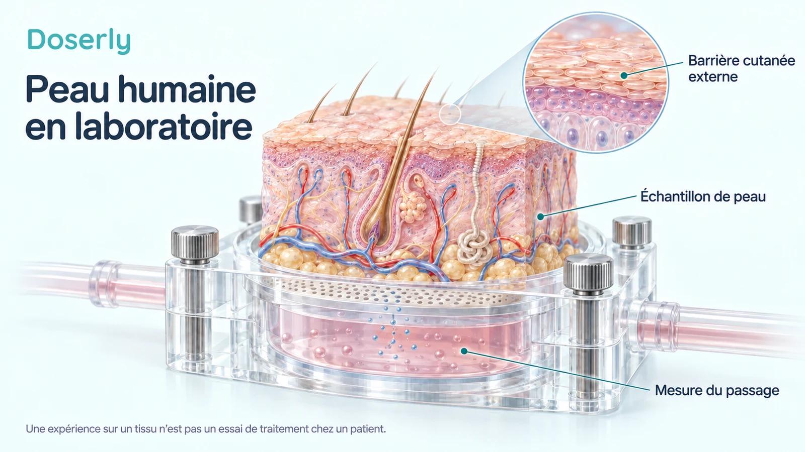 Échantillon détaillé de peau humaine au-dessus d’une représentation conceptuelle d’une chambre de diffusion de laboratoire, avec une vue agrandie de la barrière cutanée externe.