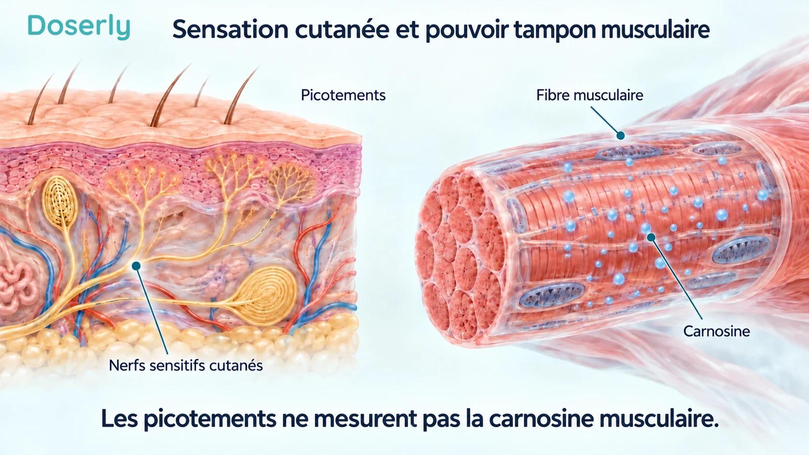 Vue détaillée des nerfs sensitifs cutanés à côté d’une fibre musculaire squelettique agrandie, avec des marqueurs conceptuels de carnosine.