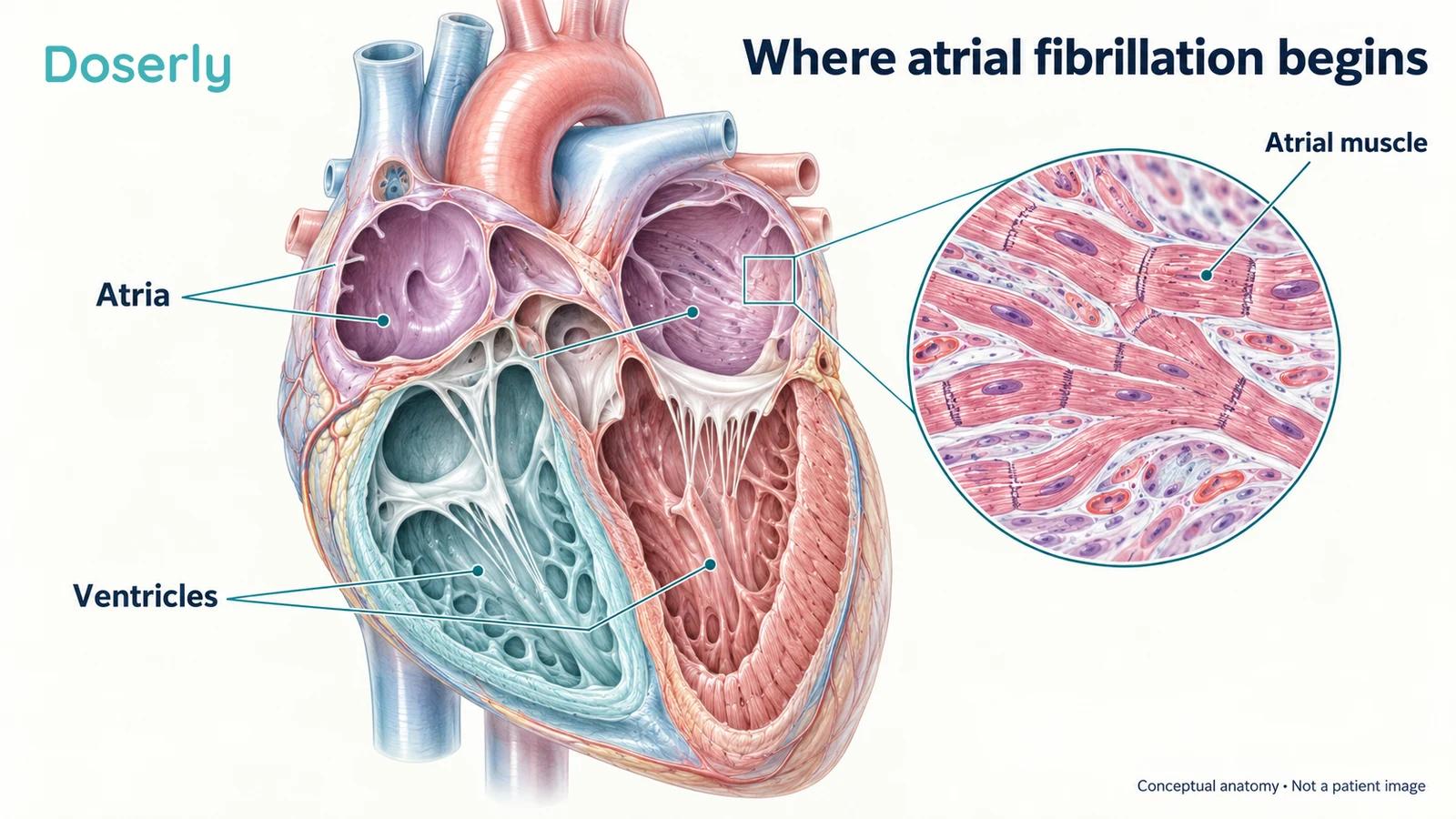 A translucent anatomical heart highlights its upper chambers and a magnified atrial muscle inset.