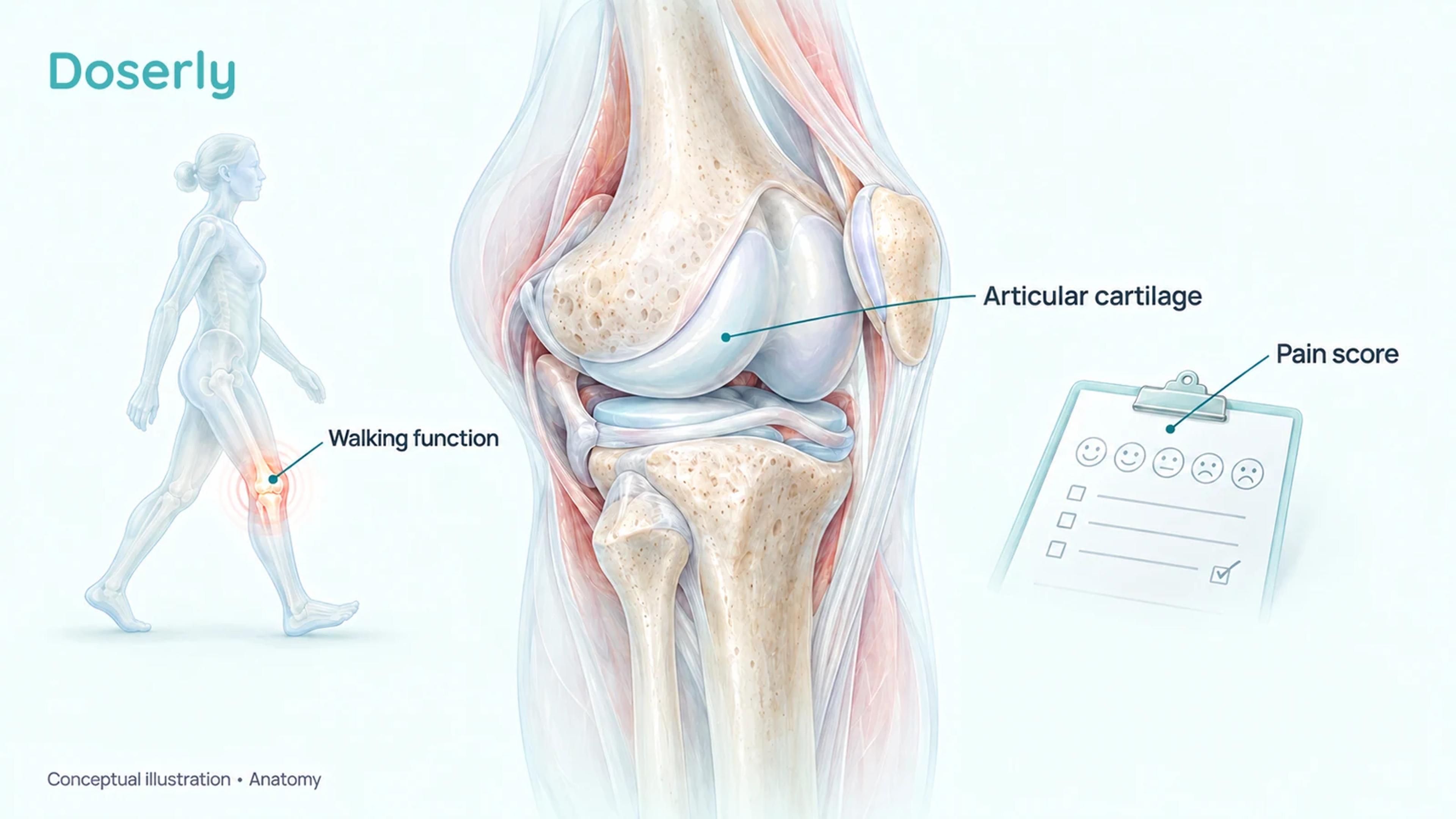 Knee joint anatomy beside walking and pain-questionnaire symbols, separating tissue structure from symptoms and function.