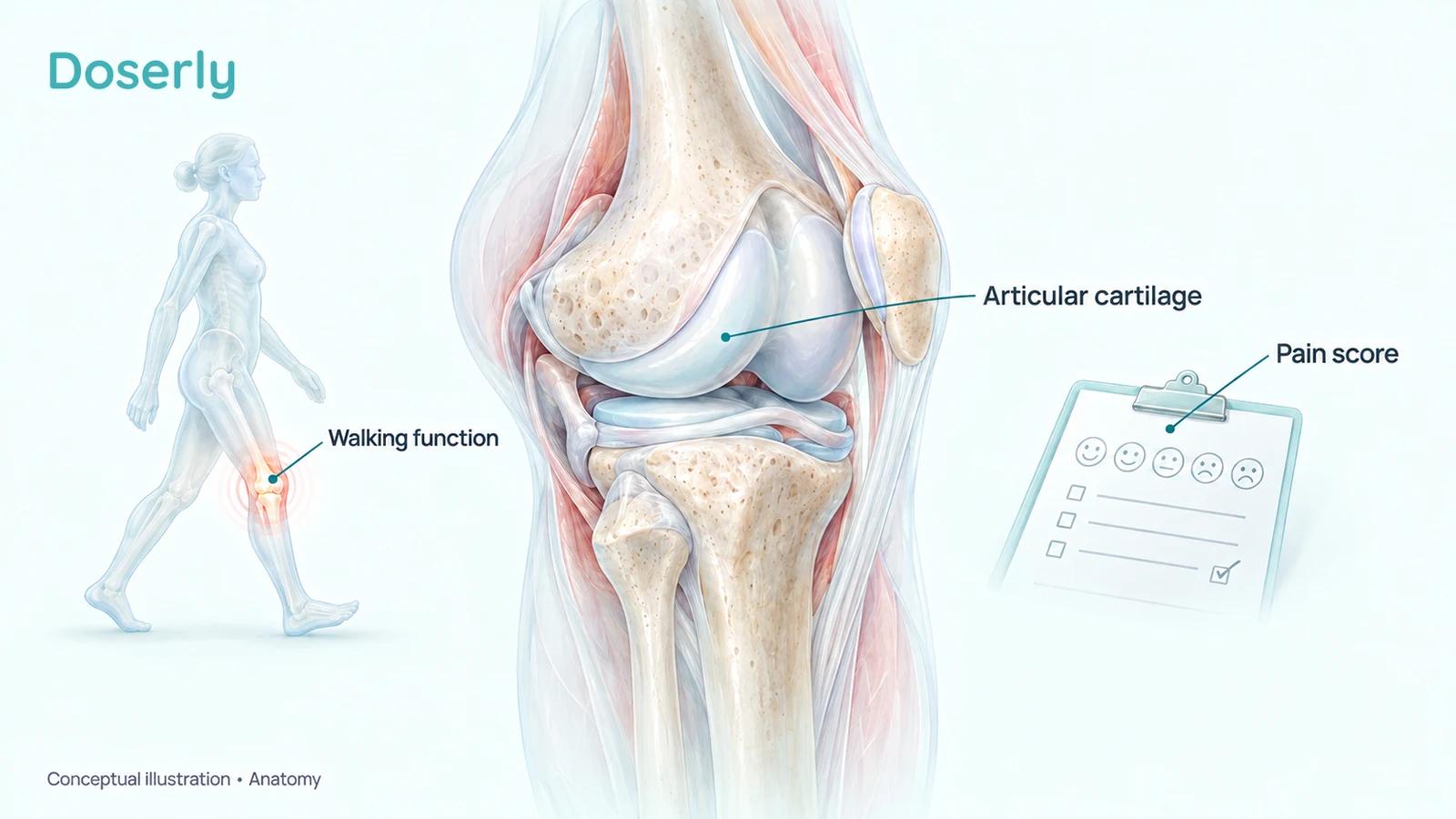 Knee joint anatomy beside walking and pain-questionnaire symbols, separating tissue structure from symptoms and function.