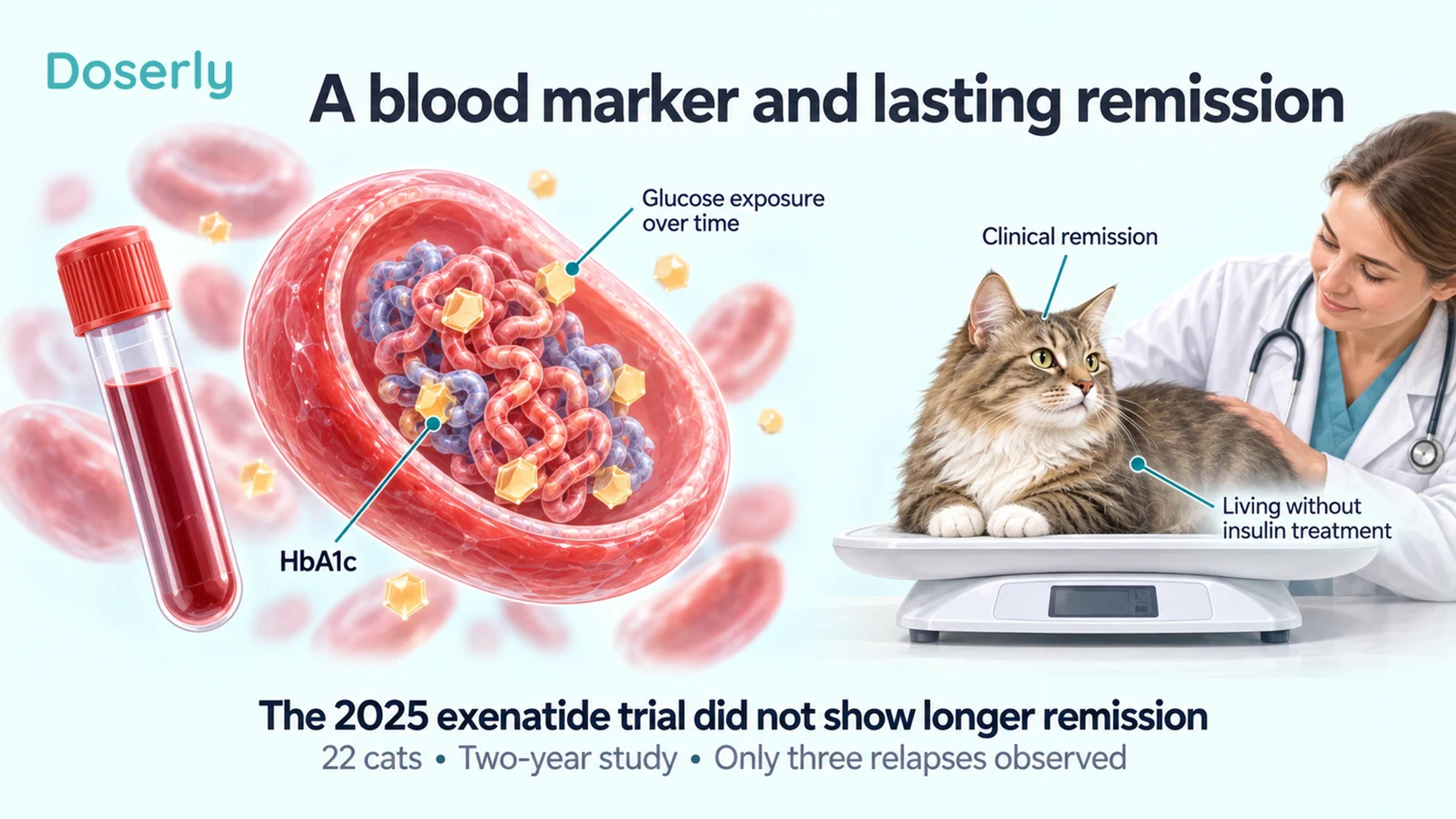 A detailed red-blood-cell and hemoglobin illustration beside a cat being weighed, separating HbA1c measurement from clinical remission.
