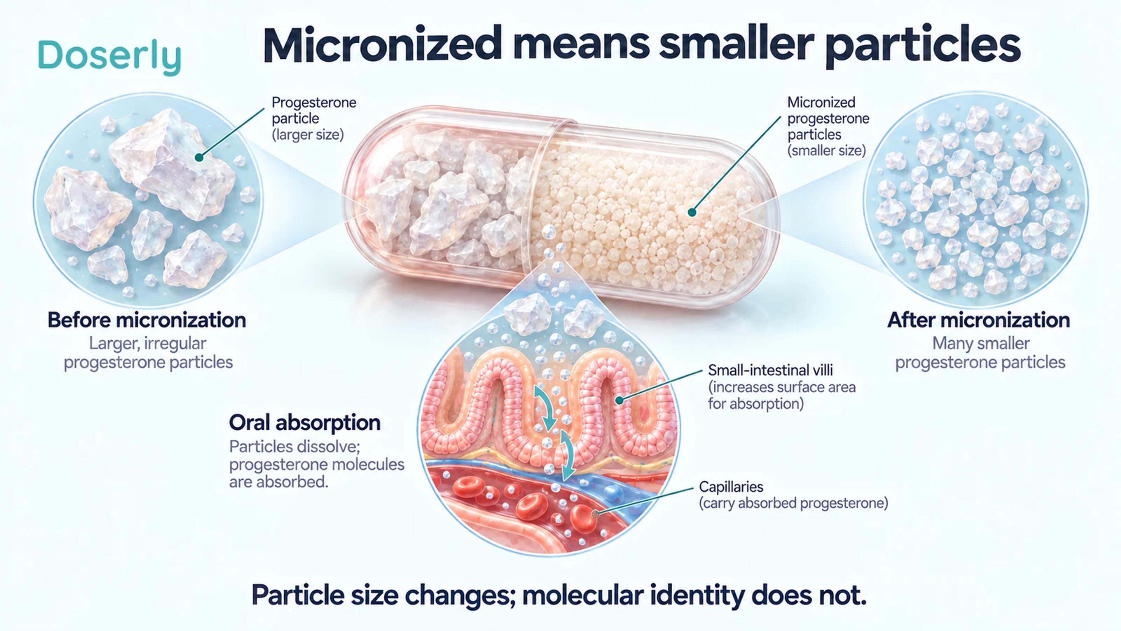 Conceptual progesterone particle-size comparison with an intestinal inset showing dissolution before absorption.