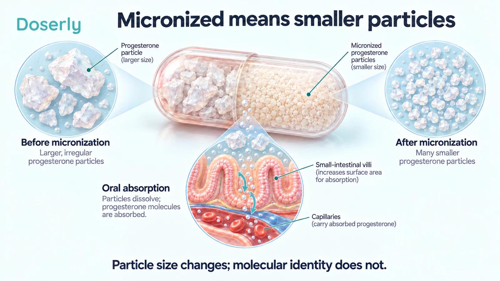 Conceptual progesterone particle-size comparison with an intestinal inset showing dissolution before absorption.