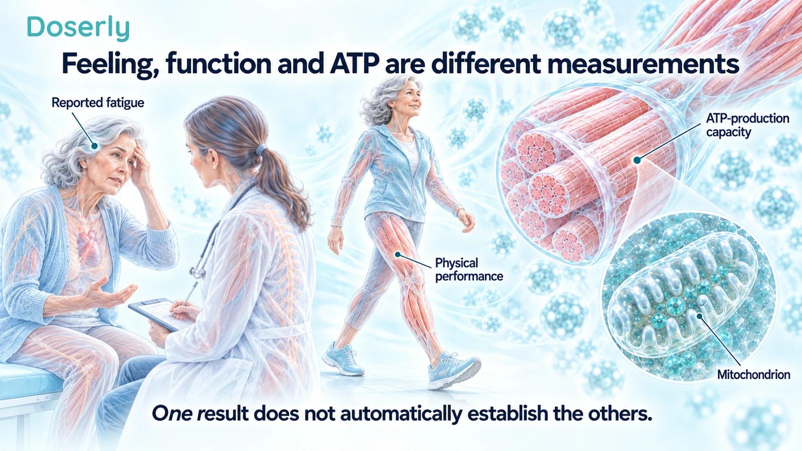 Illustrated comparison of reported fatigue, walking performance and mitochondrial ATP-production capacity.