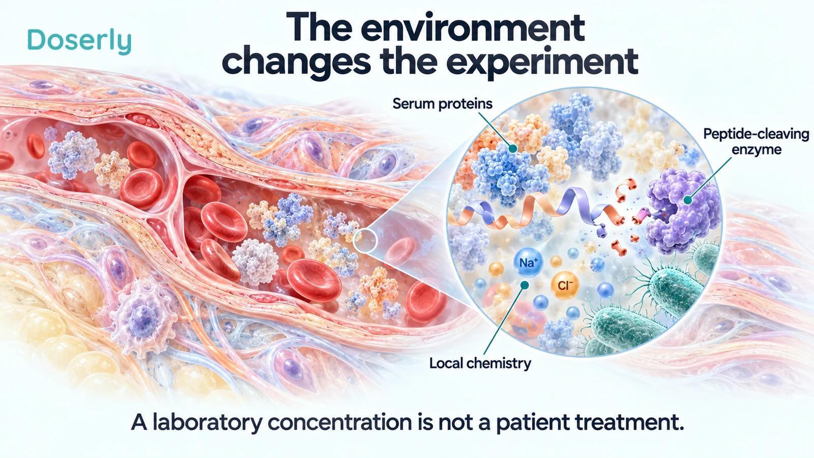 A detailed tissue and blood-vessel illustration shows serum proteins, local chemistry and a peptide-cleaving enzyme around conceptual peptide molecules.
