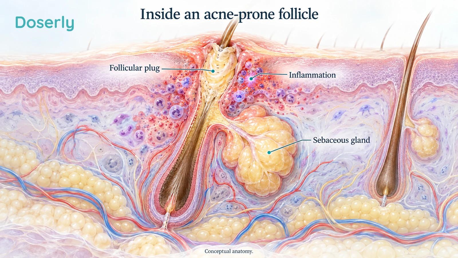A detailed skin cutaway shows a follicular plug, sebaceous gland and inflammation surrounding an acne-prone follicle.