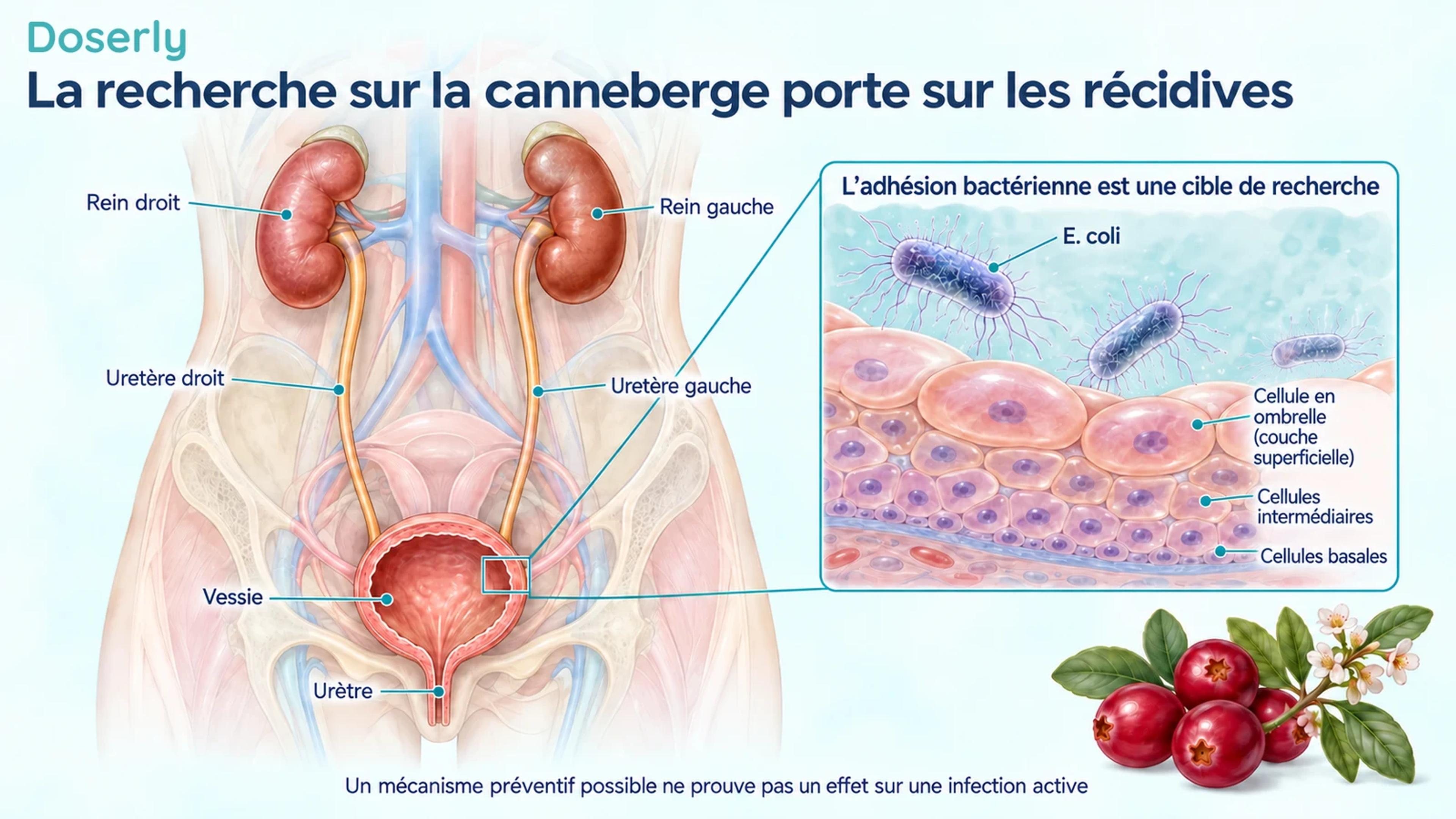 Anatomie urinaire féminine avec un agrandissement de la paroi interne de la vessie et des bactéries près de sa surface.