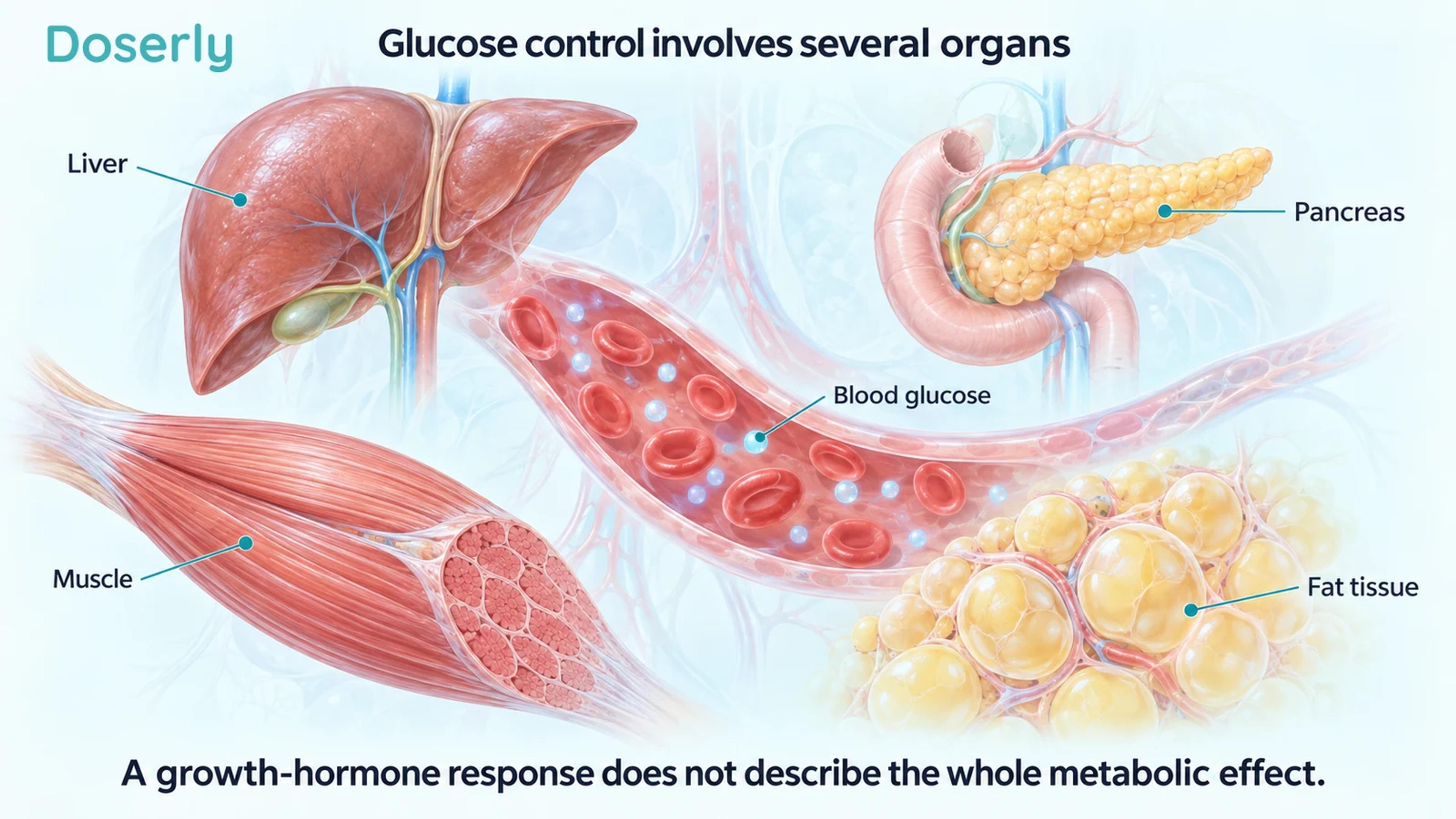 Detailed liver, pancreas, skeletal muscle and fat tissue around a conceptual blood vessel containing glucose.