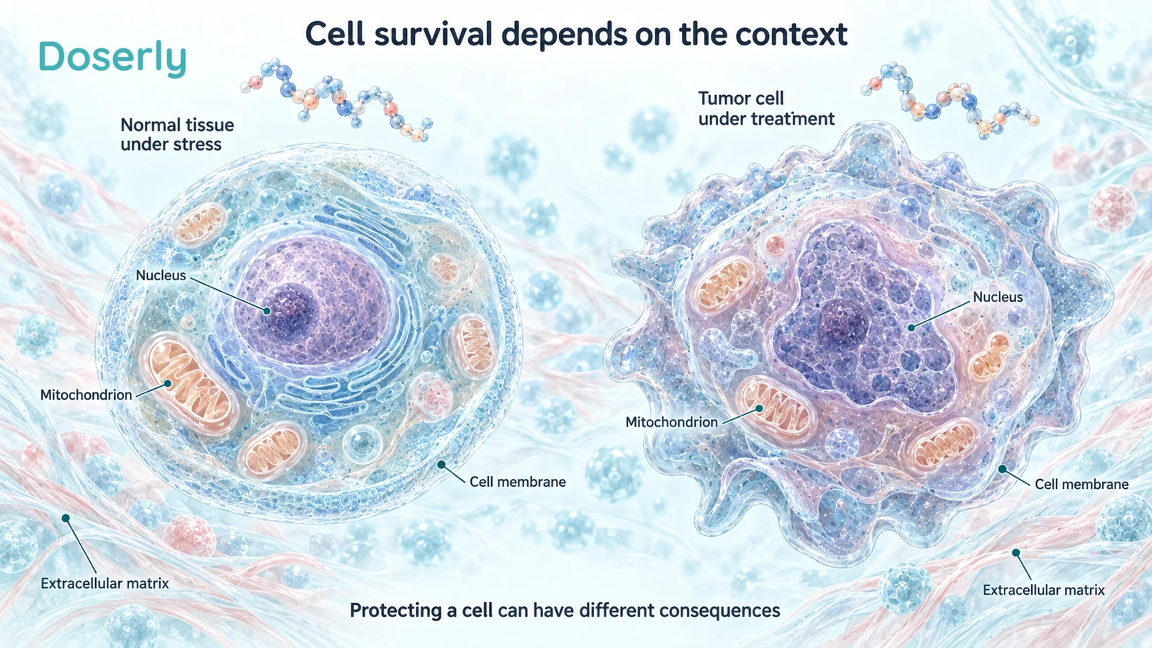 Detailed normal and tumor cells shown separately with nuclei, mitochondria and membranes labeled