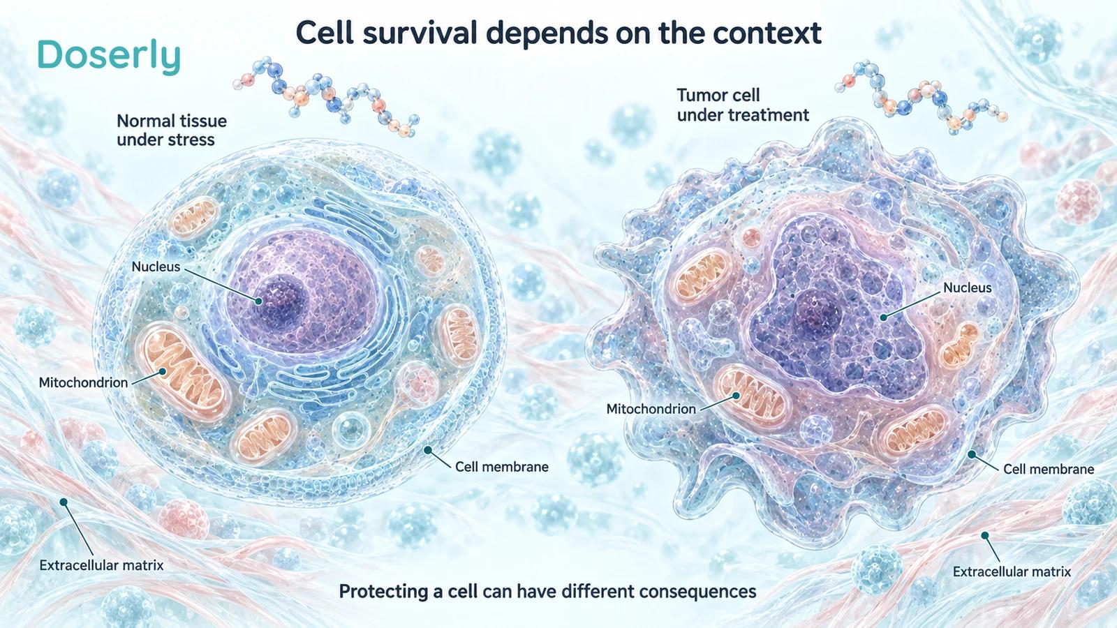 Detailed normal and tumor cells shown separately with nuclei, mitochondria and membranes labeled