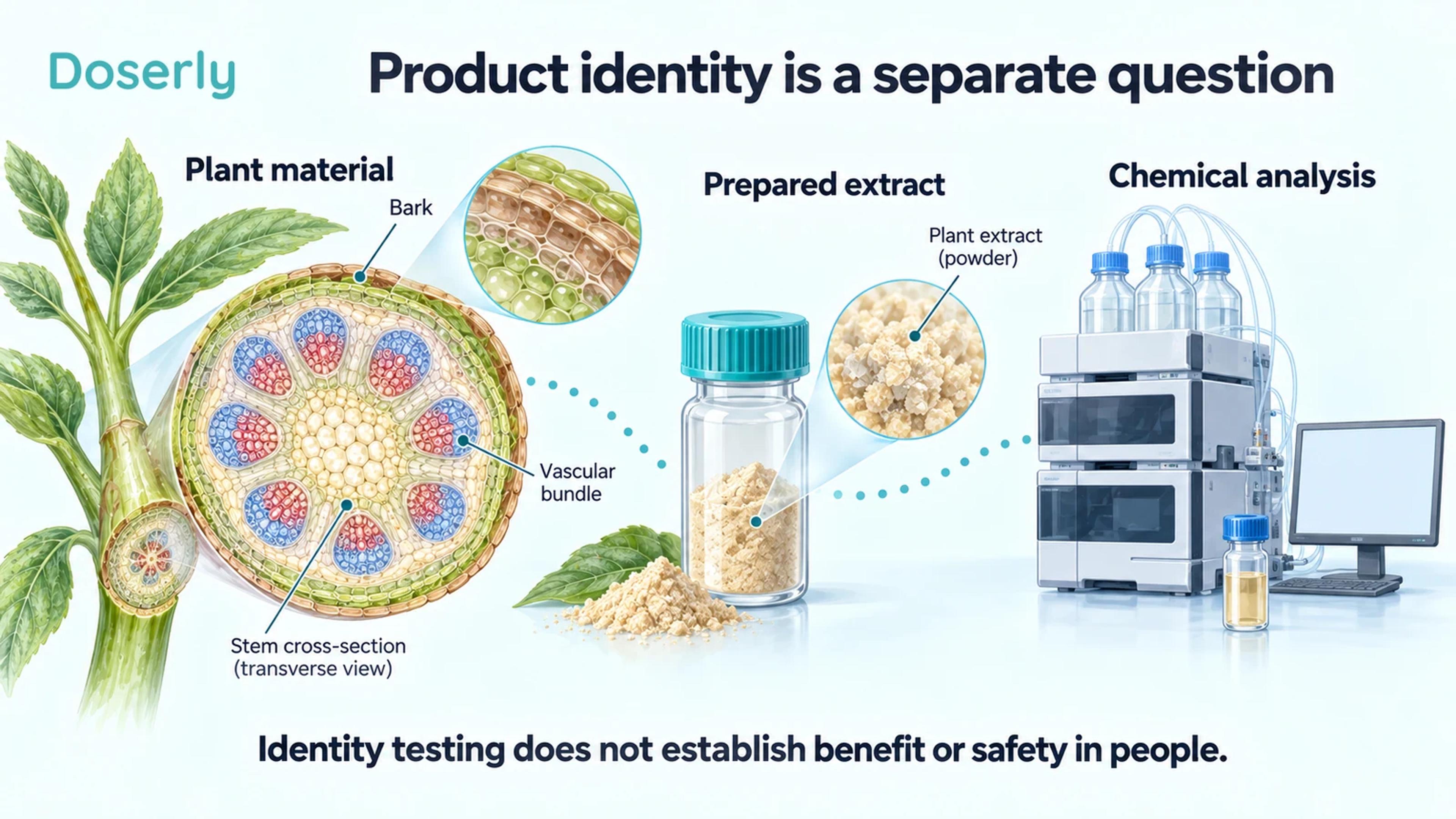 An illustrated botanical stem cross-section, extract vial and analytical laboratory instrument explain the distinction between plant material and product testing.