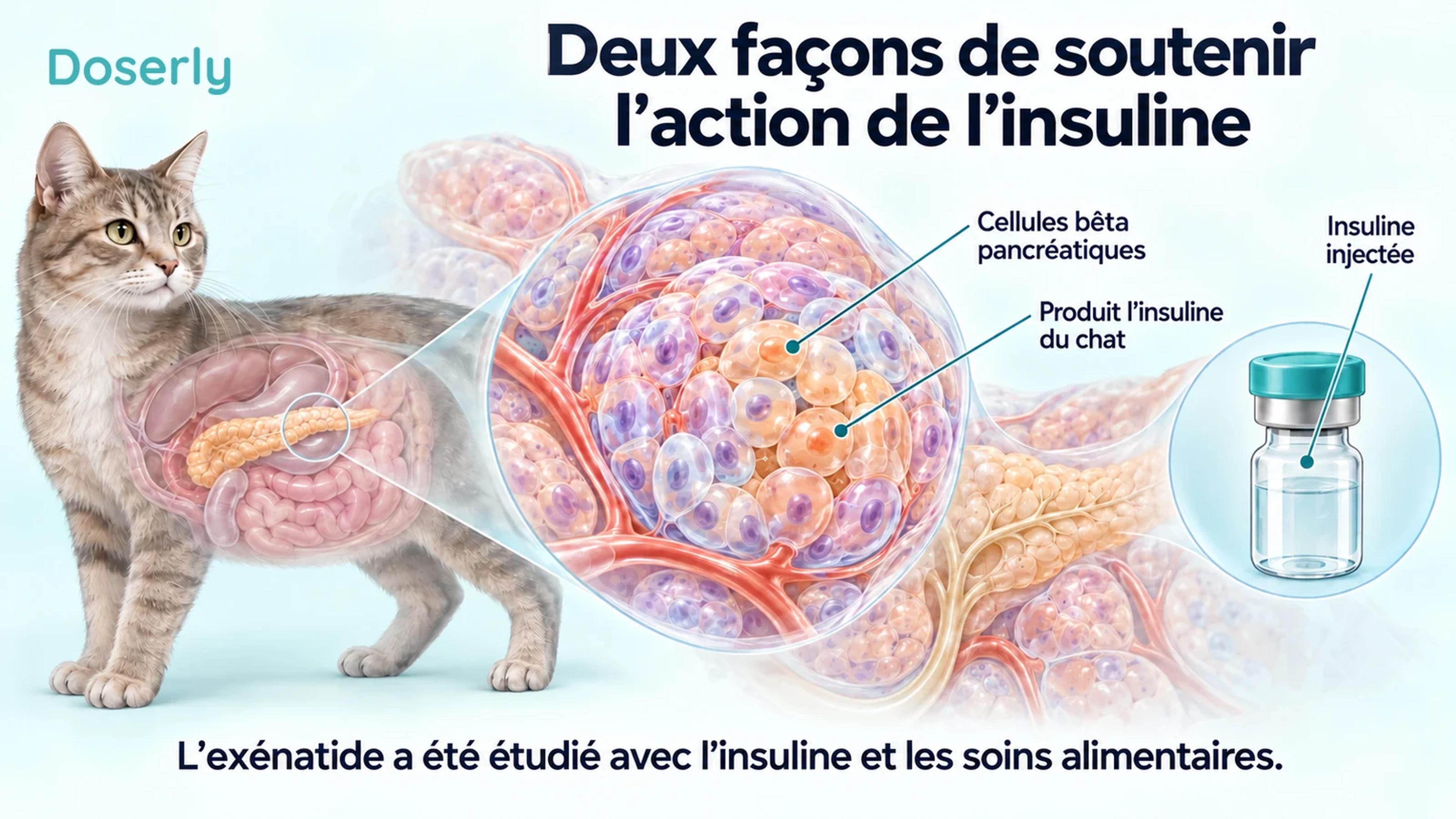 Un îlot pancréatique félin et une fiole d’insuline séparée illustrent la distinction entre la production d’insuline du chat et l’insuline administrée.