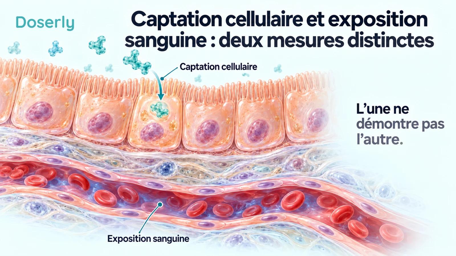 Une coupe de la muqueuse intestinale distingue une illustration de la captation cellulaire d’un vaisseau sanguin sous le tissu.