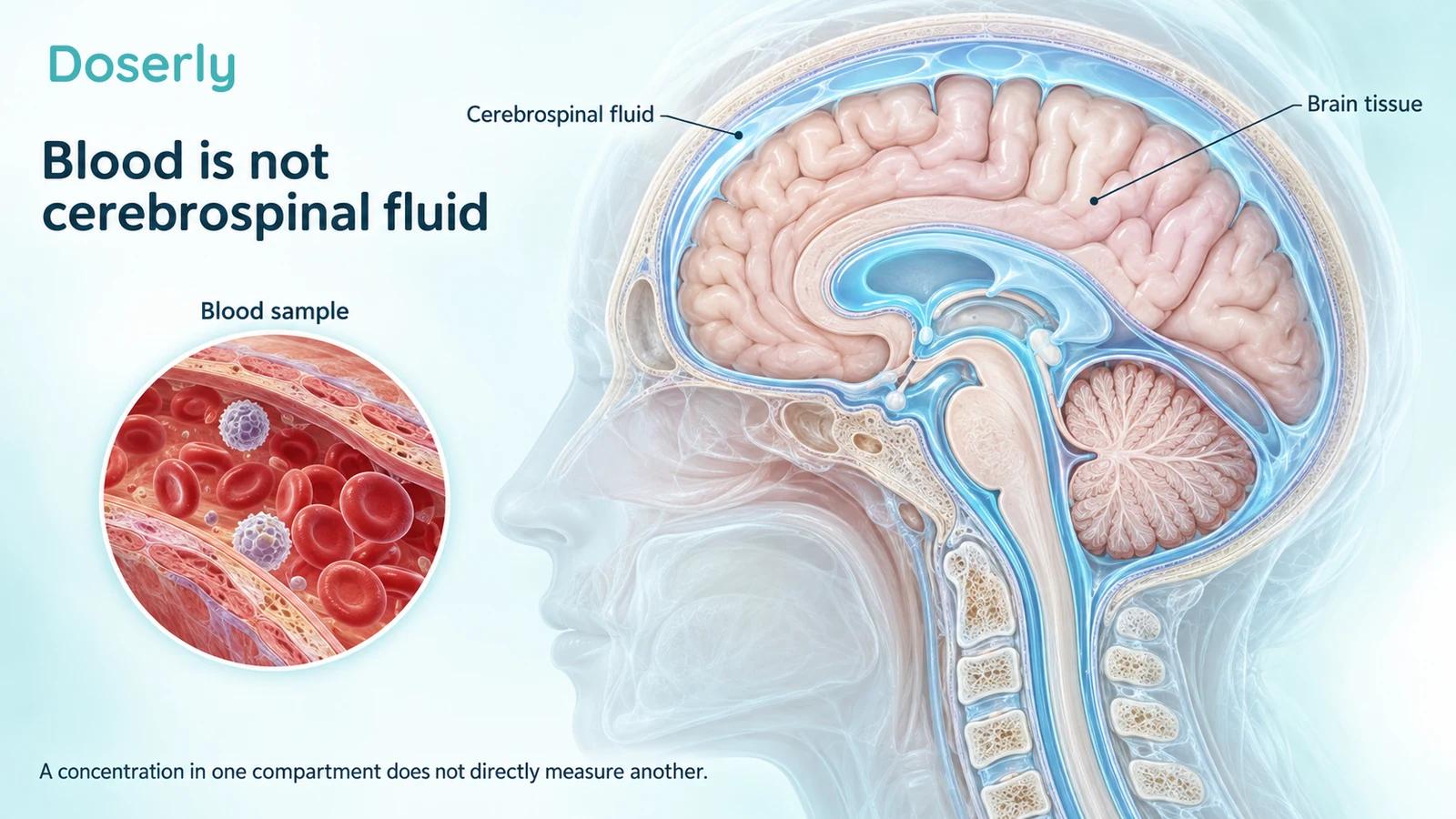 Translucent brain and upper spinal cord with cerebrospinal-fluid spaces highlighted, alongside a magnified blood vessel containing blood cells.